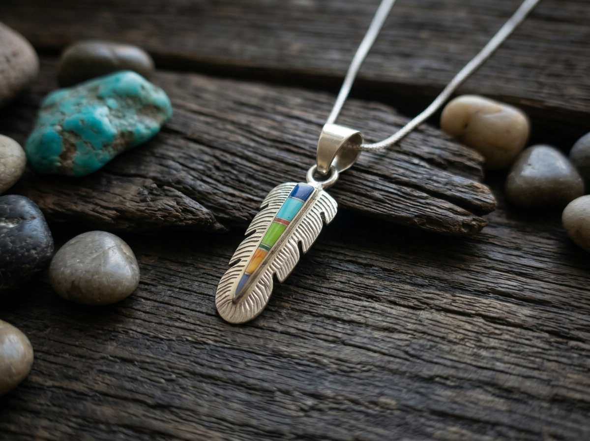 Silver feather-shaped necklace with rainbow-colored inlay resting on a weathered wooden surface, surrounded by small smooth rocks and a turquoise stone.