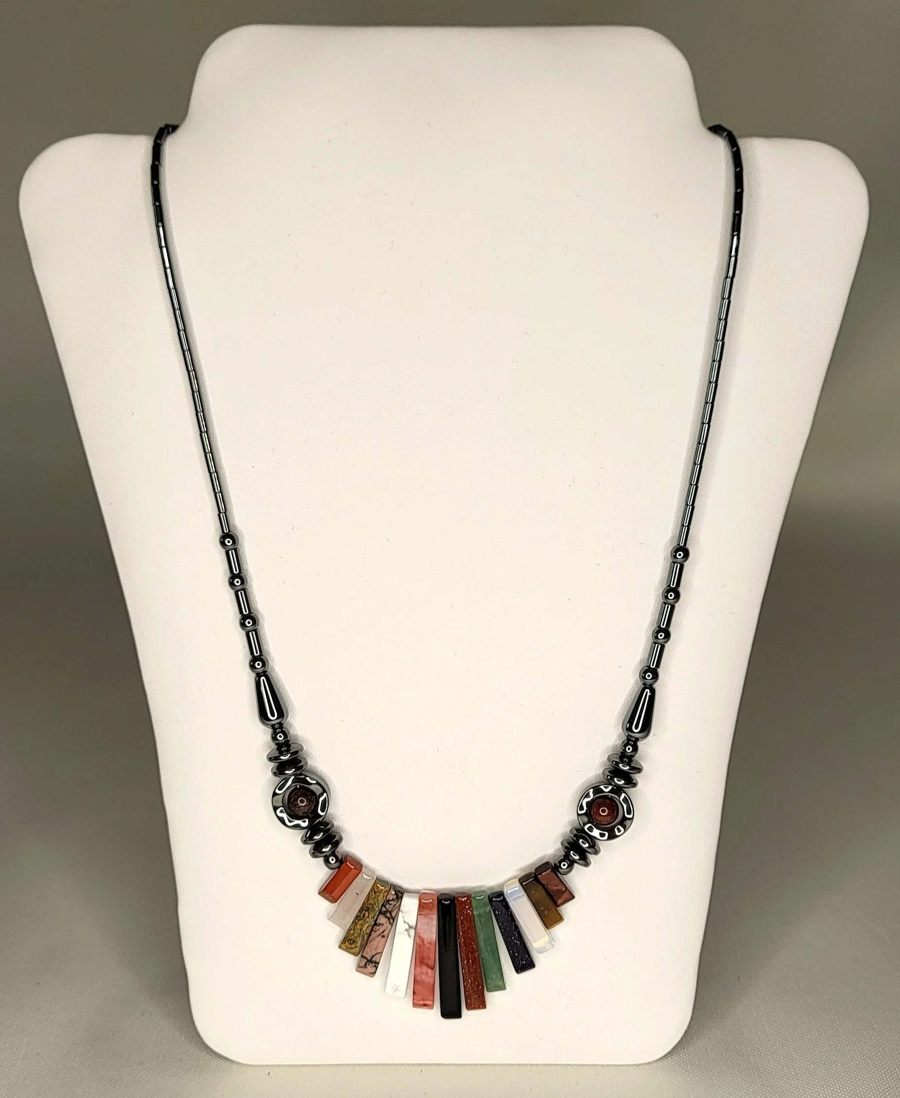 Elegant Hematite Necklace with Multicolored Fan Beads