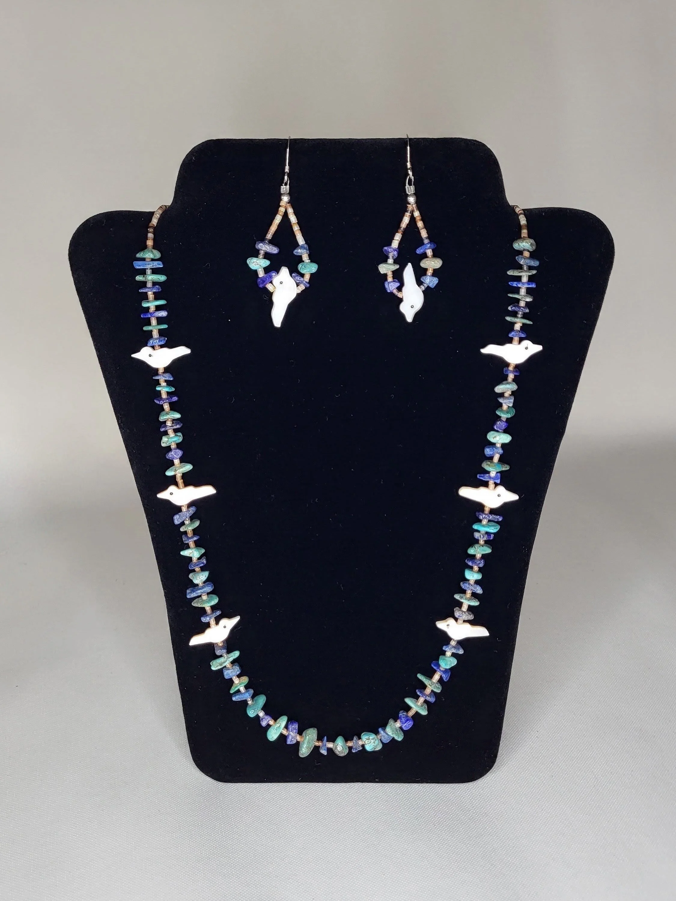 Olive Heishe & Turquoise Necklace and Earrings Set with Mother of Pearl Birds