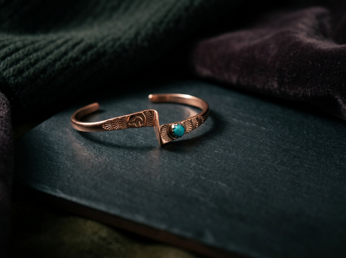 A copper cuff bracelet with detailed engravings and a small turquoise stone, resting on a dark surface with fabric draped around it.