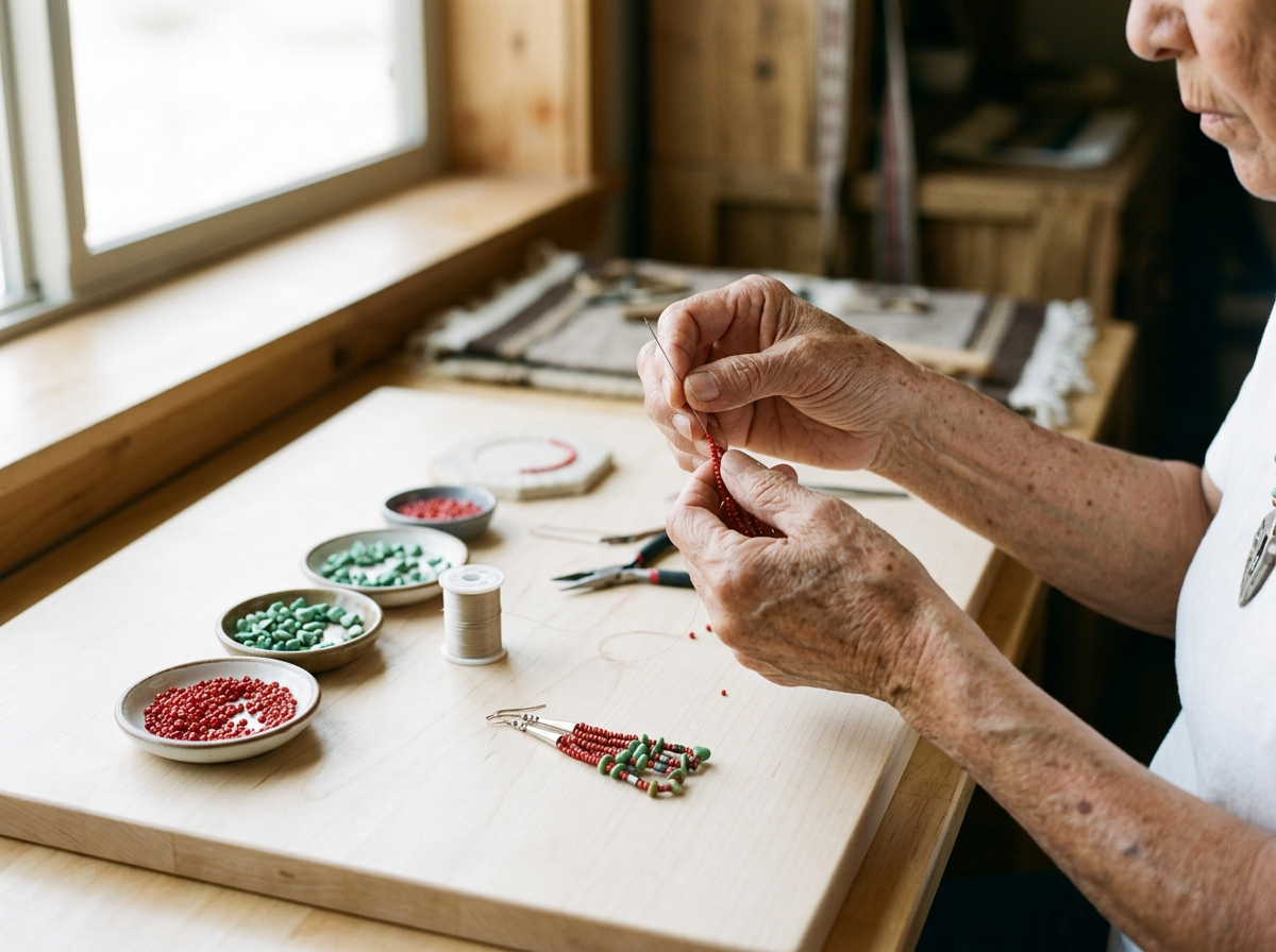 An elderly person sewing beads into jewelry at a wooden table with bowls of red and green beads, a spool of thread, and jewelry-making tools.