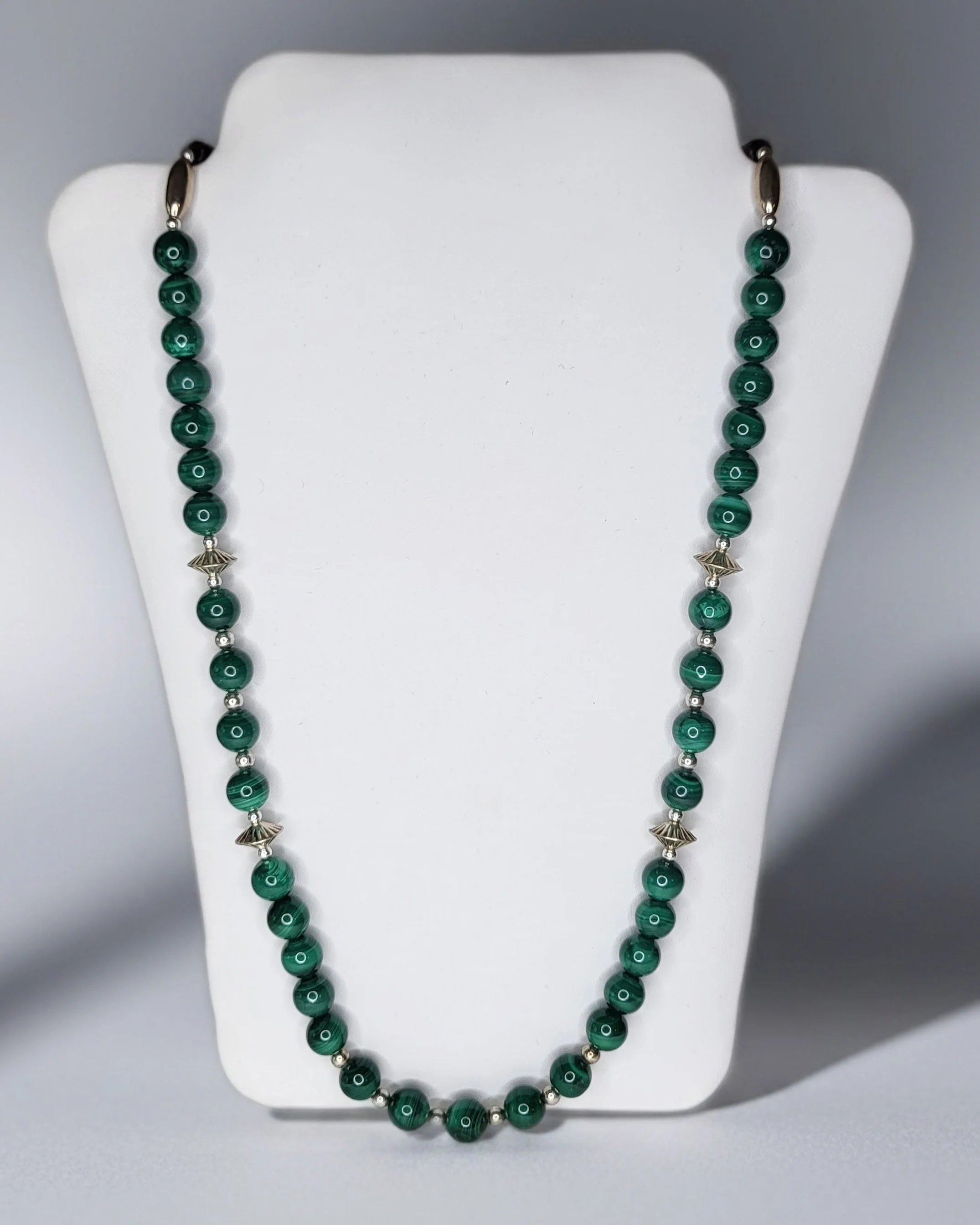 Exquisite Malachite Necklace with Sterling Silver Beads and Purple Oyster Accents