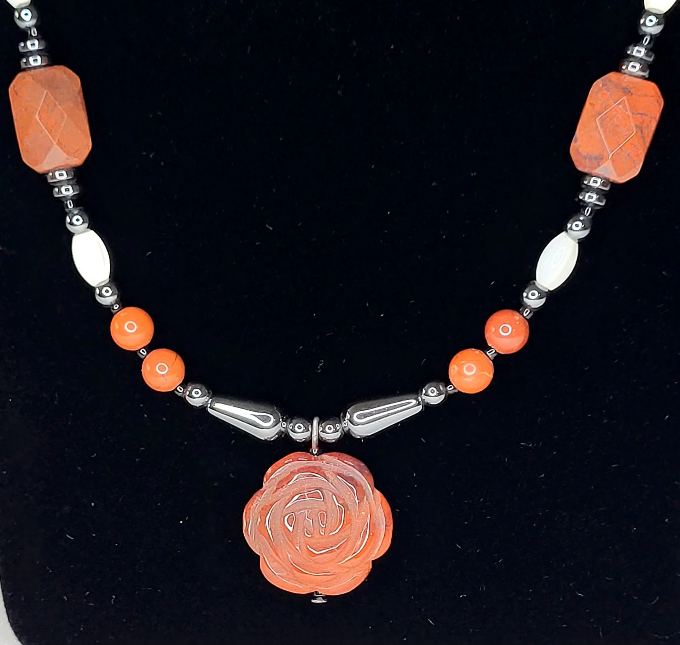 Red Jasper Rose Pendant Necklace with Mother of Pearl & Hematite
