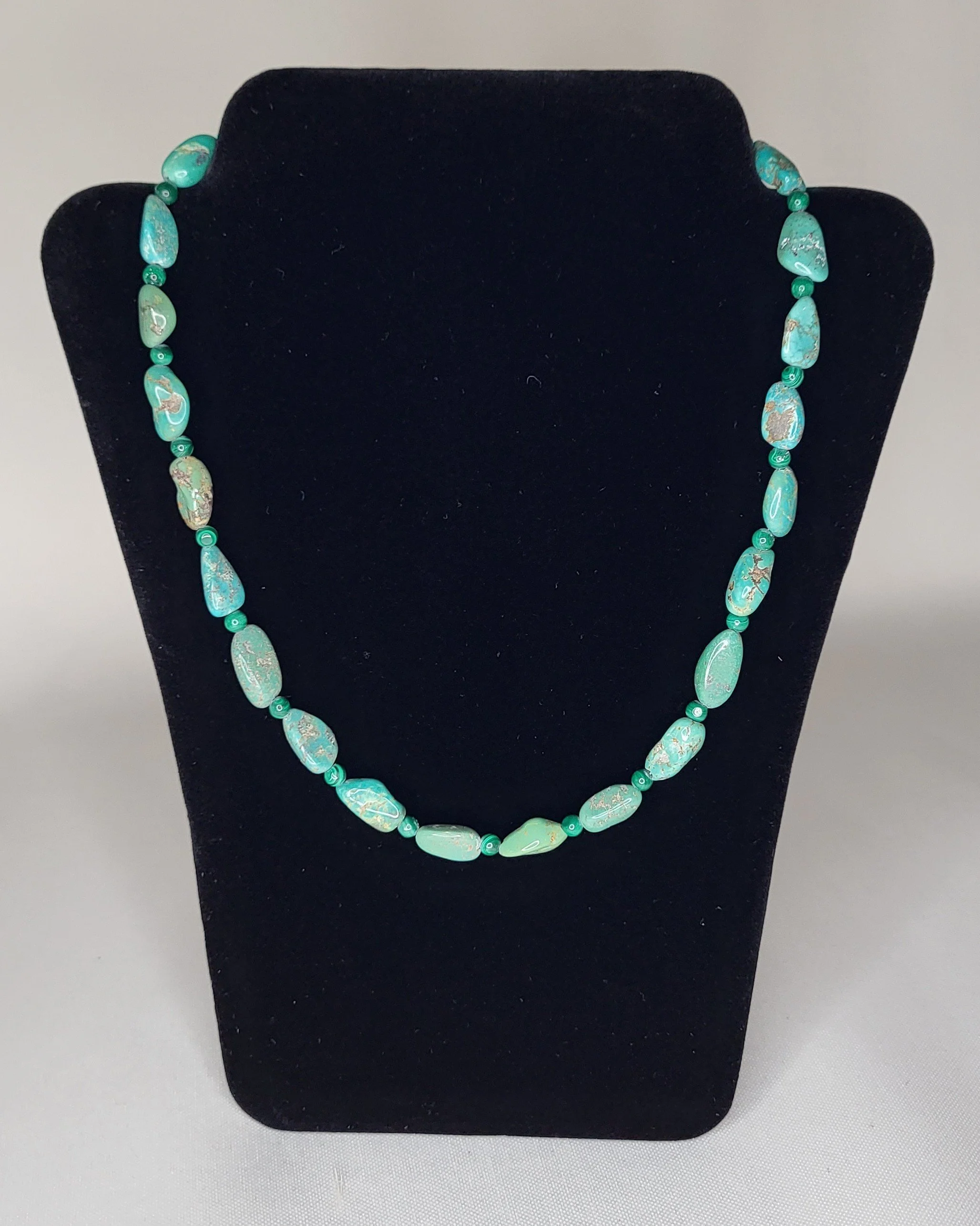 Turquoise and Malachite Beaded Necklace with Sterling Silver