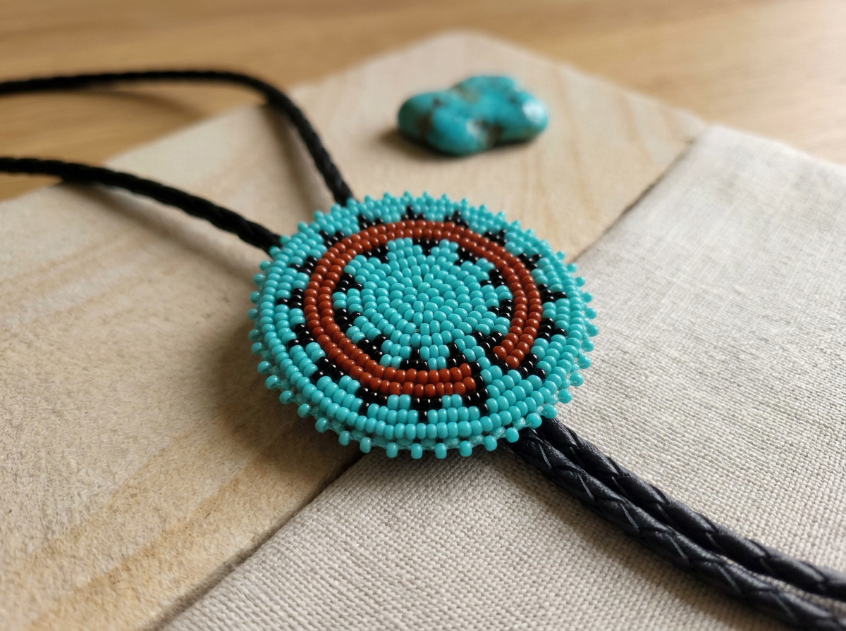 A beaded bolo tie with a beaded medallion shaped Navajo wedding Basket design with a black leather strap and sterling silver buckle.