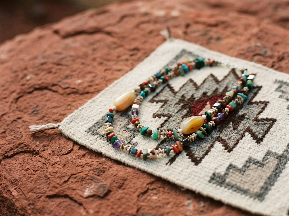 Colorful beaded jewelry with shells placed on a patterned textile, atop a red rock surface.
