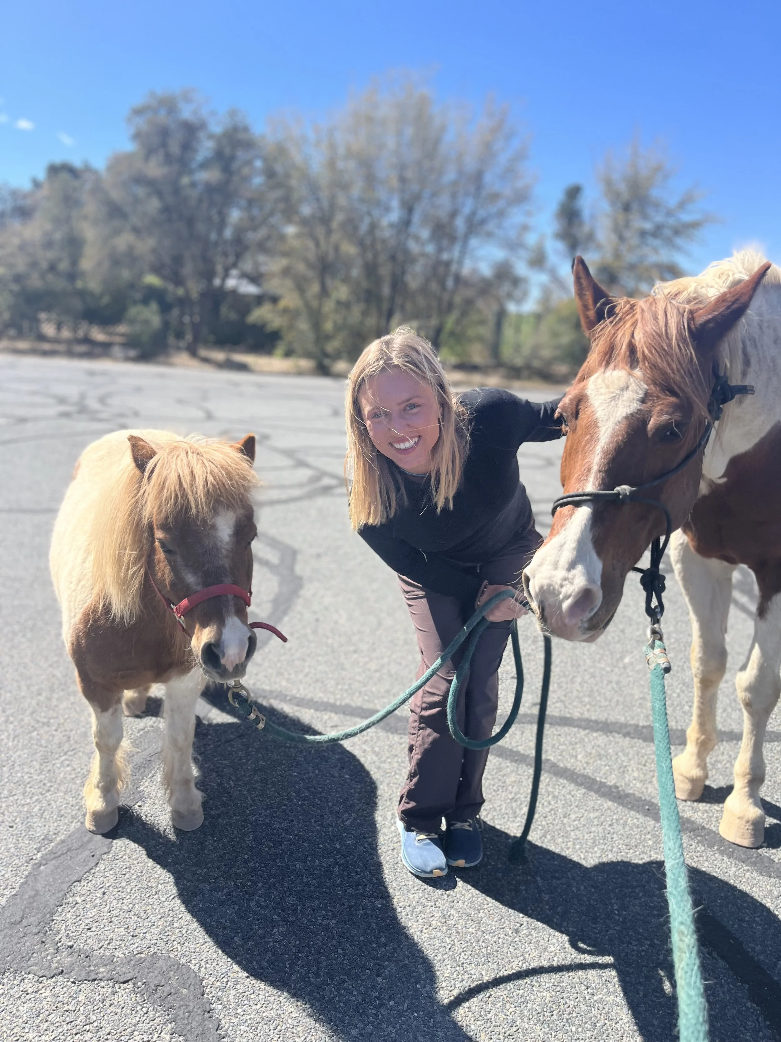 A woman with blonde hair smiling and kneeling between two horses on a paved area outdoors. One horse is brown with a white stripe on its face, the other is light-colored with a darker mane. Trees and a blue sky are in the background.