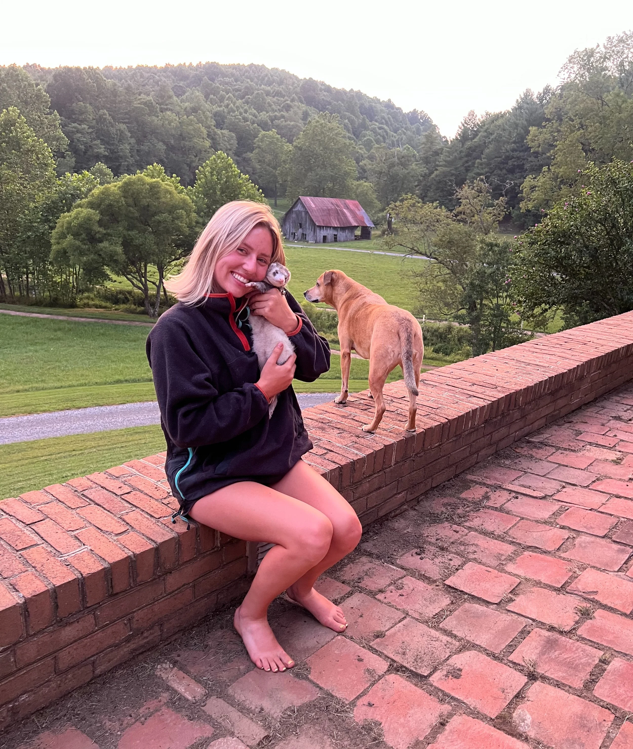 A woman with blonde hair smiling while holding a small ferret, standing next to a large tan dog on a brick wall in a rural landscape with trees, grass, a barn, and hills in the background.