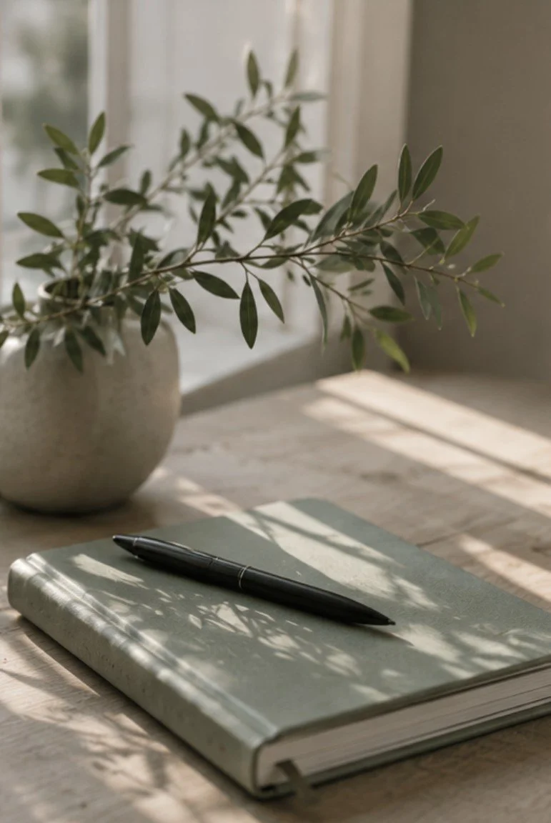 A closed notebook with a pen on top, a potted leafy plant in a vase, placed on a wooden surface near a window with sunlight casting shadows.