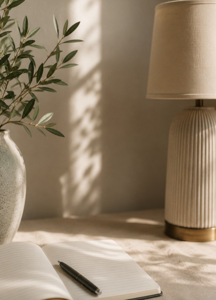 A beige table lamp with a ribbed ceramic base and a linen shade, beside a potted plant with green leaves, and an open notebook with a black pen on a beige table with shadows cast from sunlight