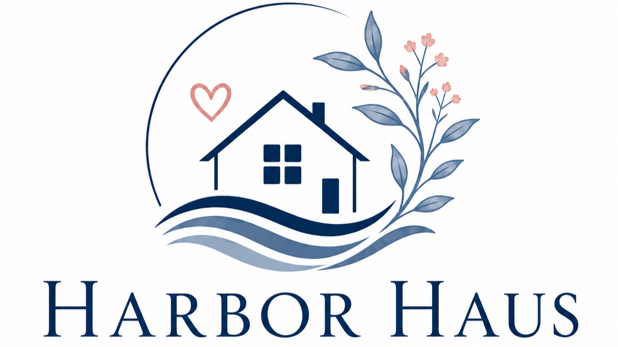 Logo featuring a house with windows, surrounded by wavy lines, a pink heart, and a floral branch, with "Harbor Haus" written below.