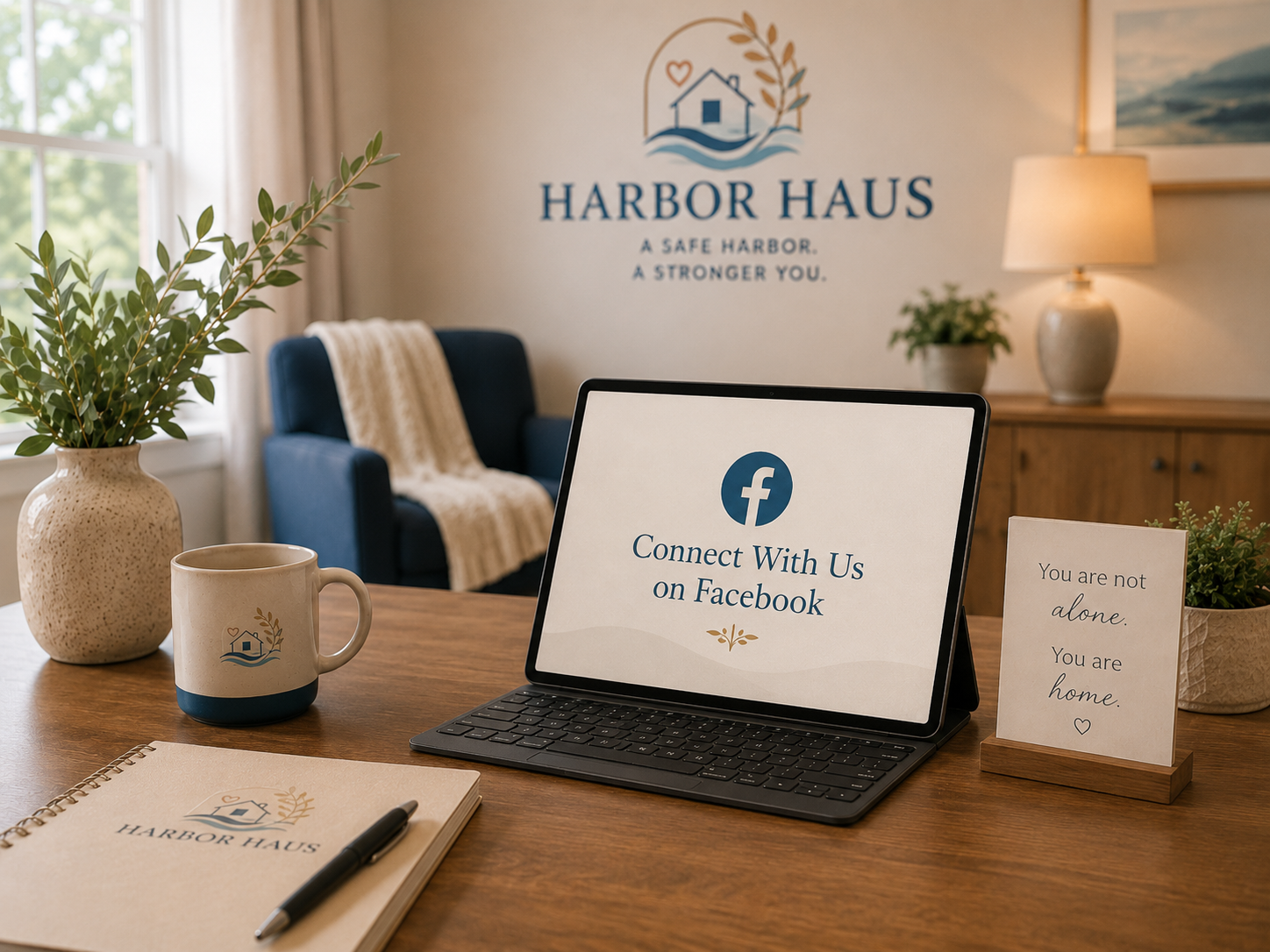 Indoor office scene with a laptop displaying a Facebook connect message, a ceramic mug with Harbor Haus logo, a notebook, a pen, a plant in a beige pot, and a framed sign that says "You are not alone. You are home." in front of a blue chair and a wall with Harbor Haus logo and slogan.
