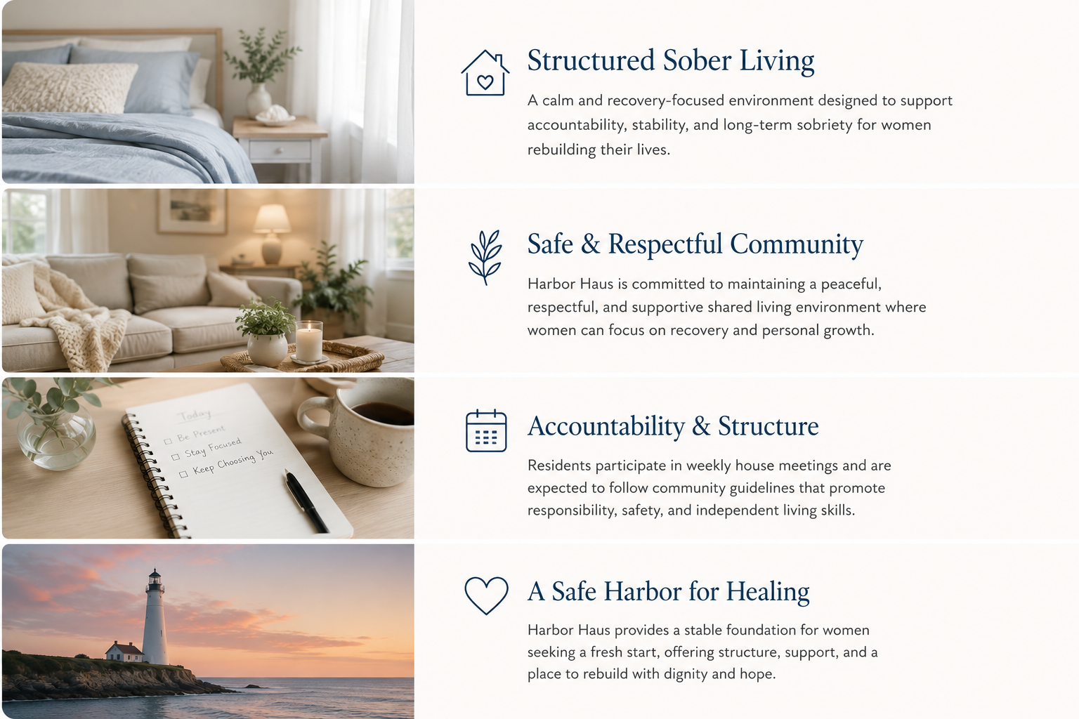 A webpage showcasing Harbor Haus, emphasizing its core values: structured sober living, a safe and respectful community, accountability and structure, and a safe harbor for healing, with images of a bedroom, living room, workspace, and a lighthouse.