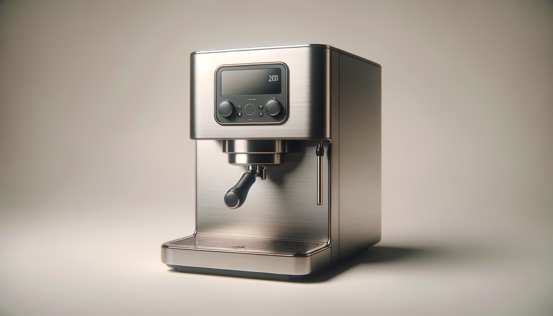 Stainless steel espresso machine with digital display and control knobs, set against a plain light-colored background.