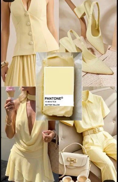 Yellow fashion clothing and accessories including a dress, shoes, handbag, and Pantone butter yellow color swatch.