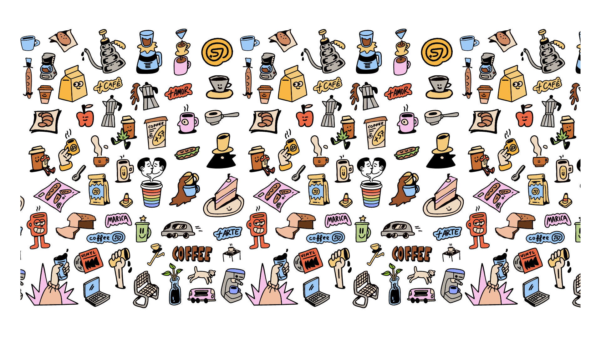 A colorful, hand-drawn illustration featuring various coffee-related objects and icons, including cups, coffee beans, coffee machines, a coffee bag, a coffee menu, and people enjoying coffee, interspersed with playful doodles and signs in different colors.