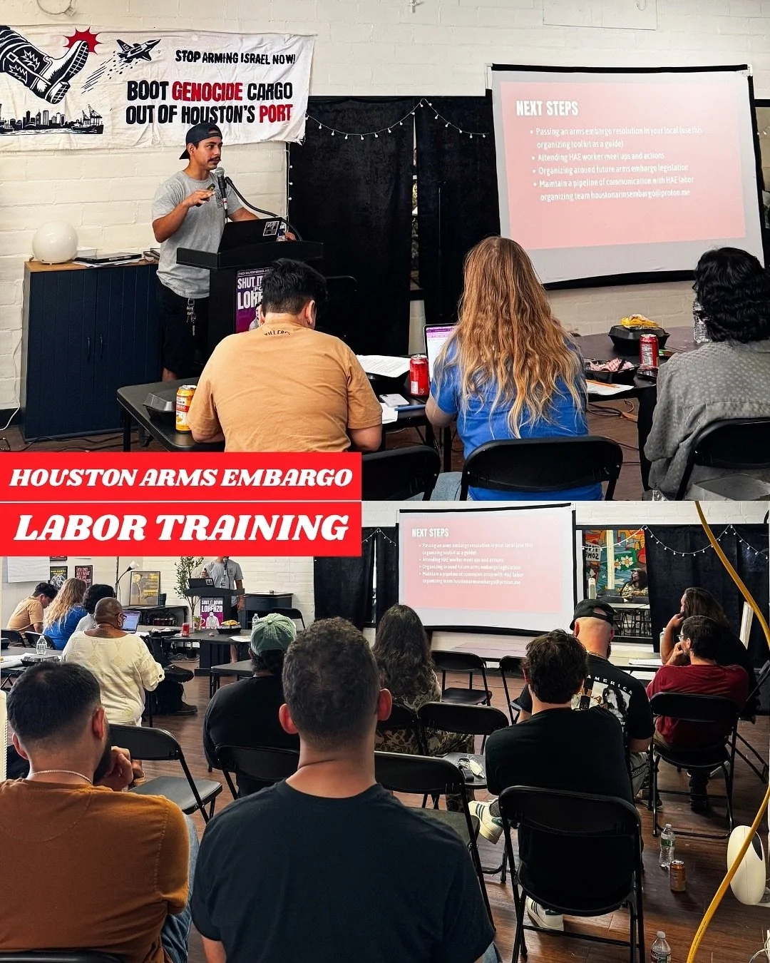LABOR FOR AN ARMS EMBARGO!&nbsp;

Workers are building up a coalition of support for the Houston Arms Embargo across the local labor movement.&nbsp;

Last month, Houston workers with HAE participated in @gcaflcio &lsquo;s annual Labor Day BBQ and put