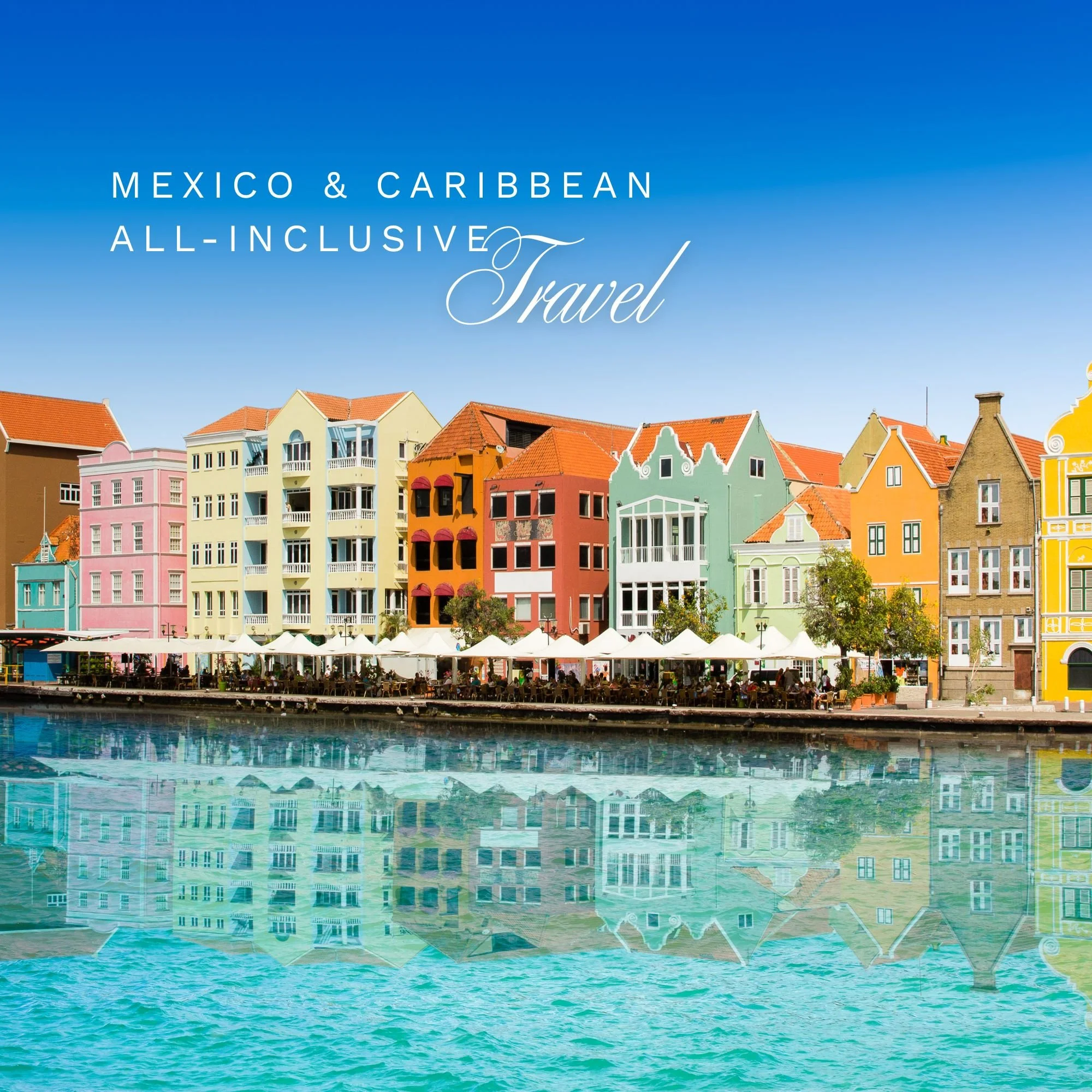 Colorful houses with red, pink, yellow, green, and orange facades along a waterfront under a clear blue sky, with reflections in the water.