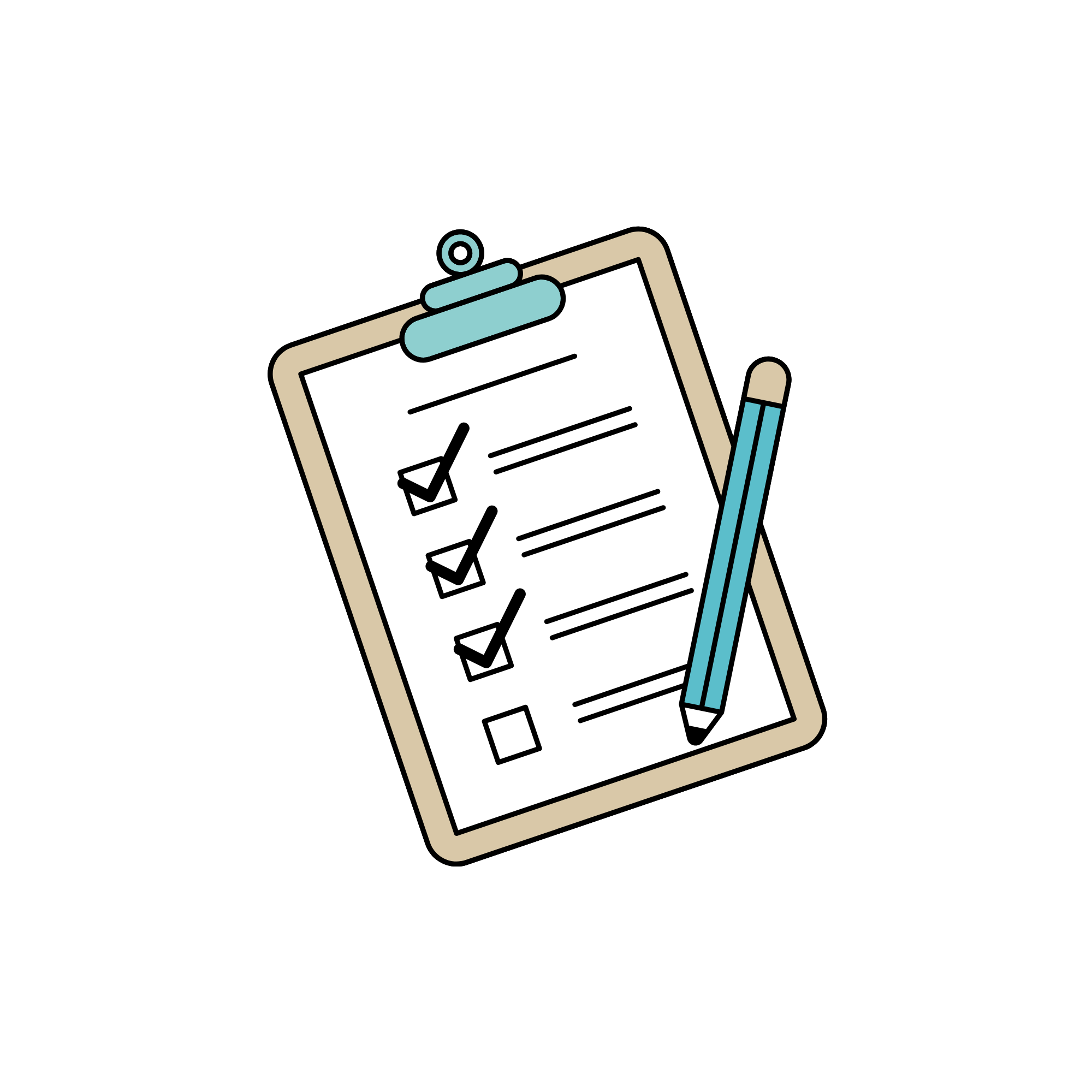 Illustration of a clipboard with checkboxes and a pen, symbolizing a checklist or survey.
