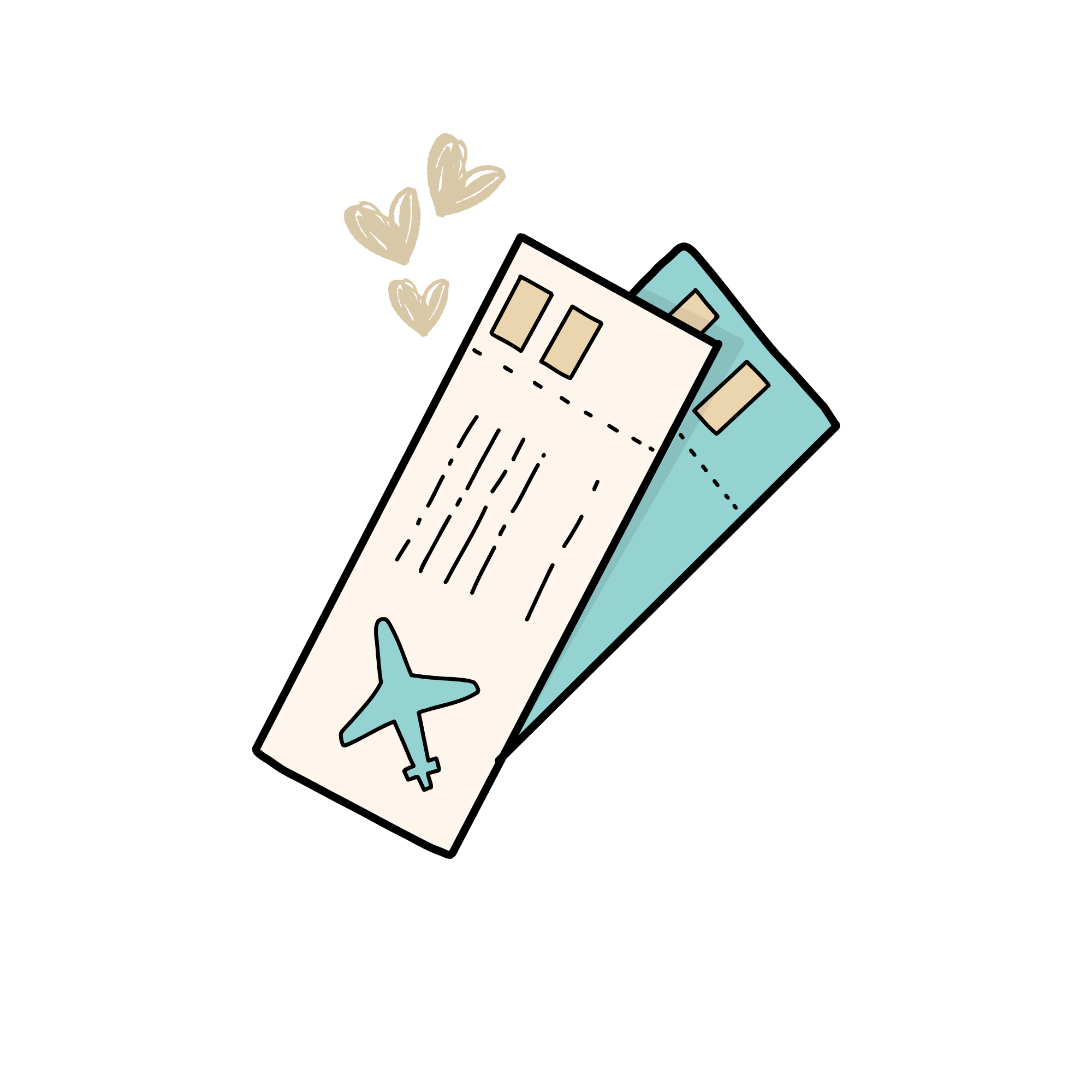 Illustration of a thought bubble filled with a blue airplane and beige hearts, against a black background.