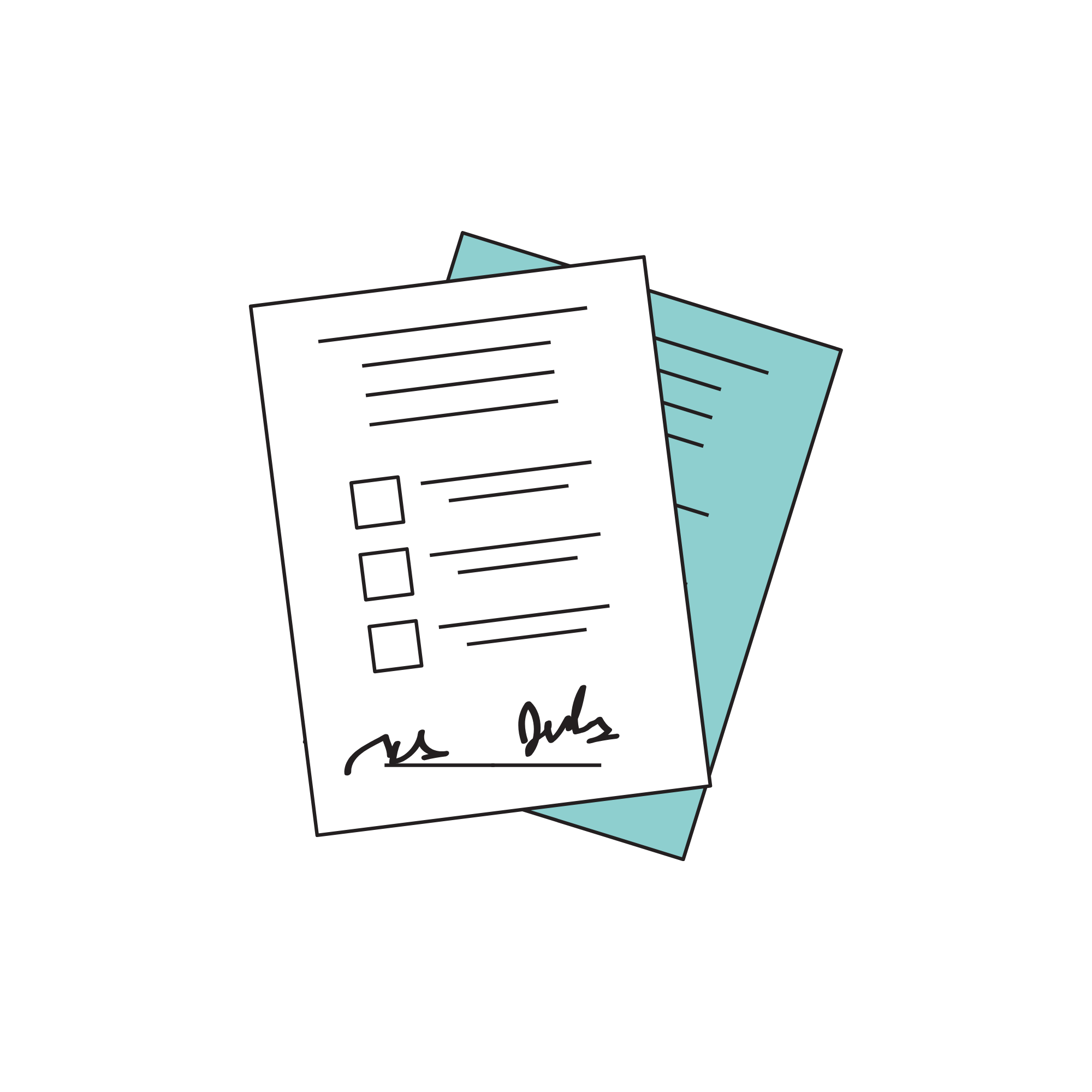 Two pieces of paper, one white and one light blue, with checkboxes and handwritten text, resting on a black background.
