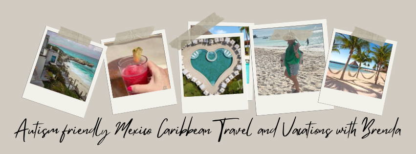 Autism Friendly Mexican and Caribbean Travel photo canva beaches cool drink hammock white sand woman in green shawl and denim shorts waving heart shaped pool
