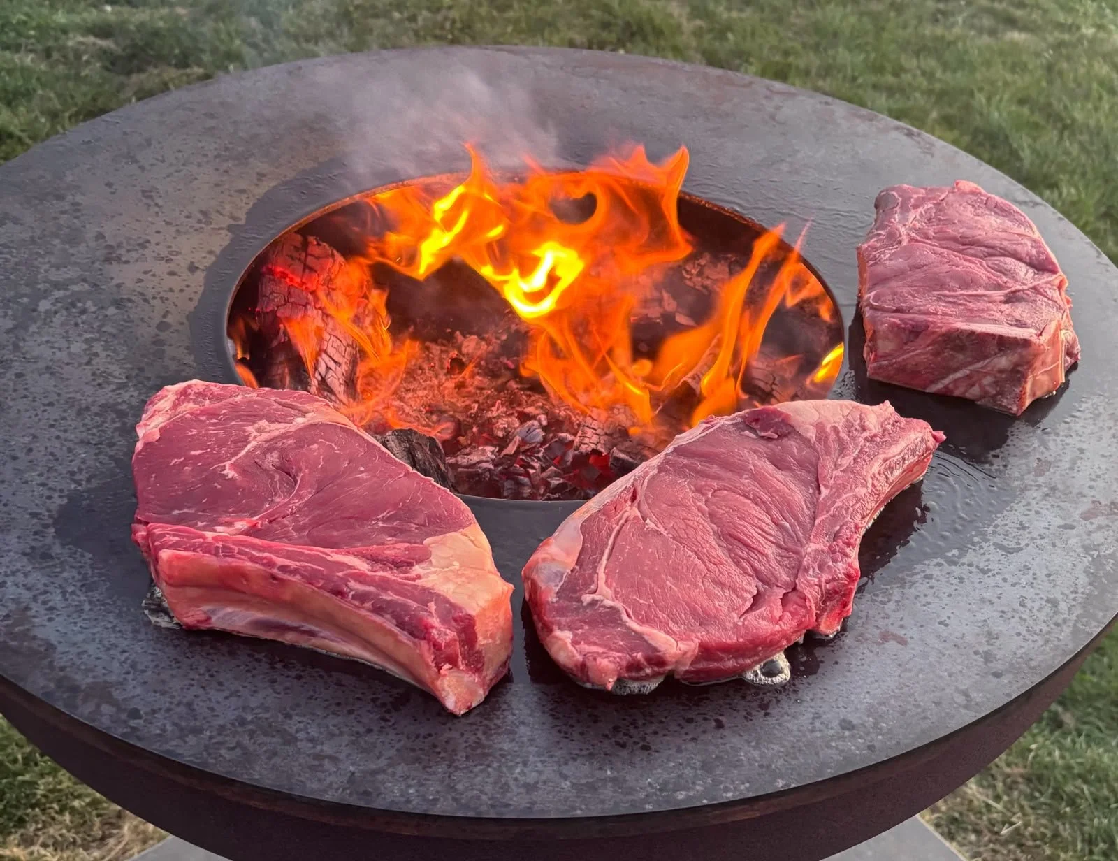 Quatre morceaux de viande crue autour d'un feu de bois dans un barbecue extérieur.