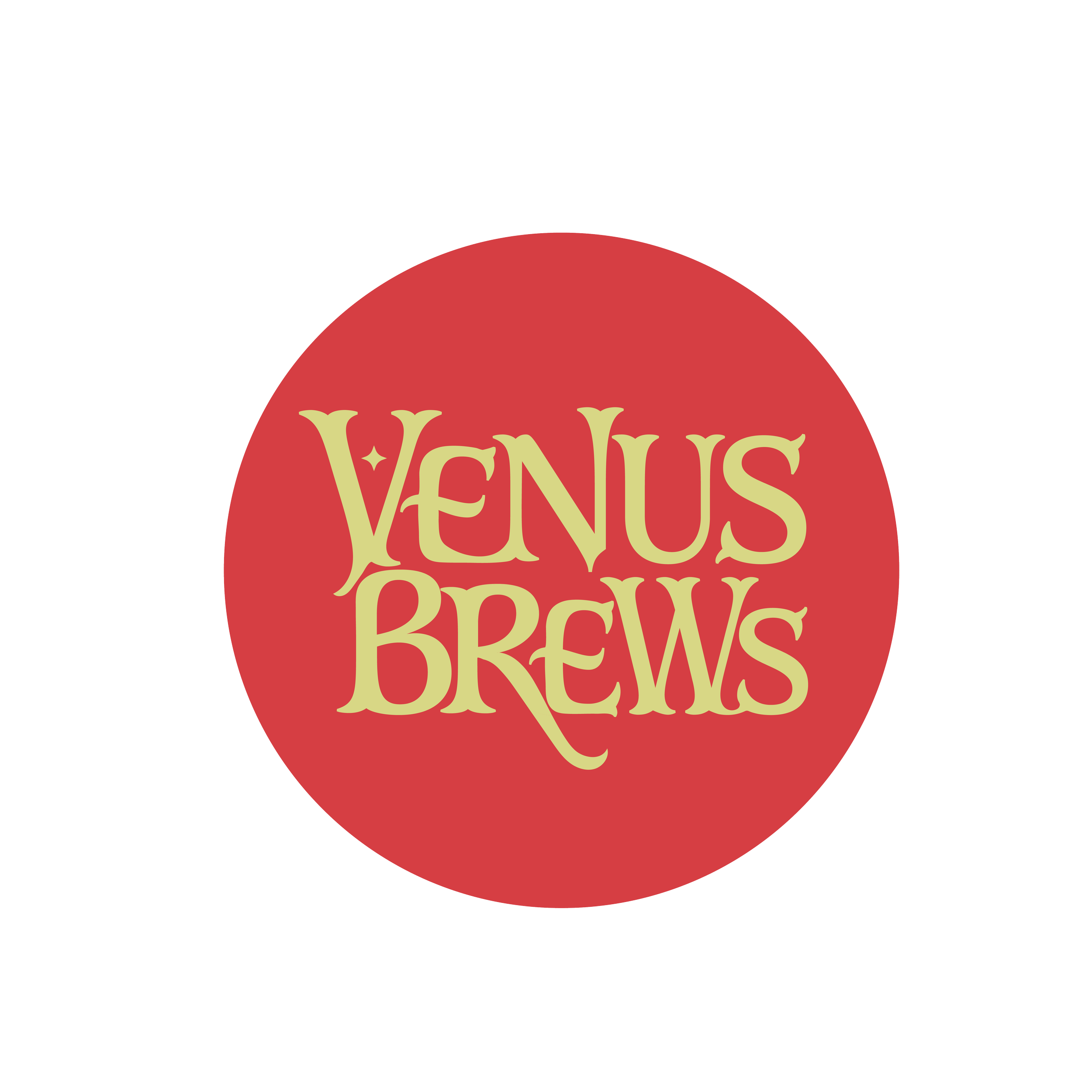Red circle with yellow stylized text that reads "Venus Brews"
