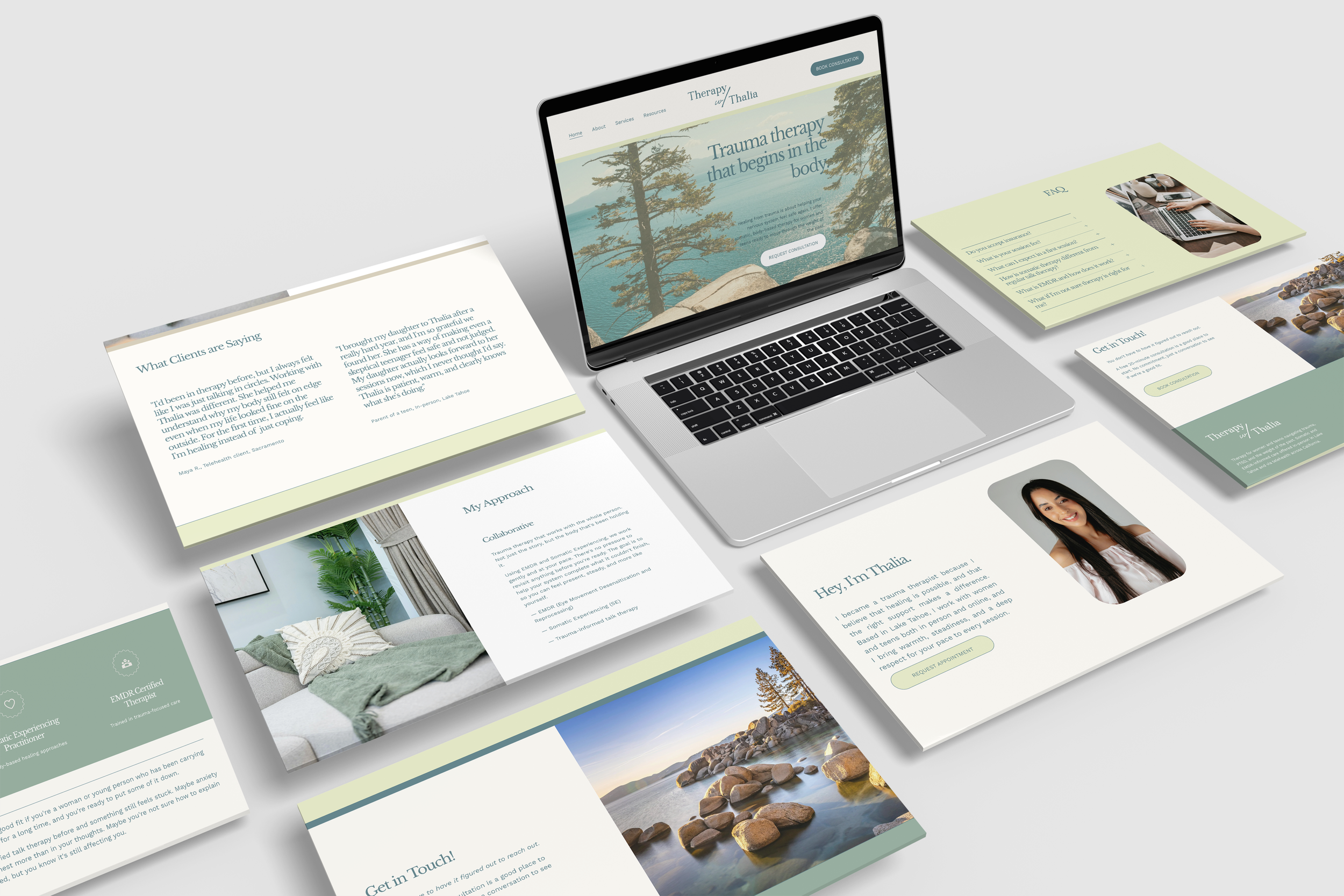 A collection of website pages and a laptop displaying therapy and counseling services, with scenic nature photos of trees and rocks, and people working on laptops.