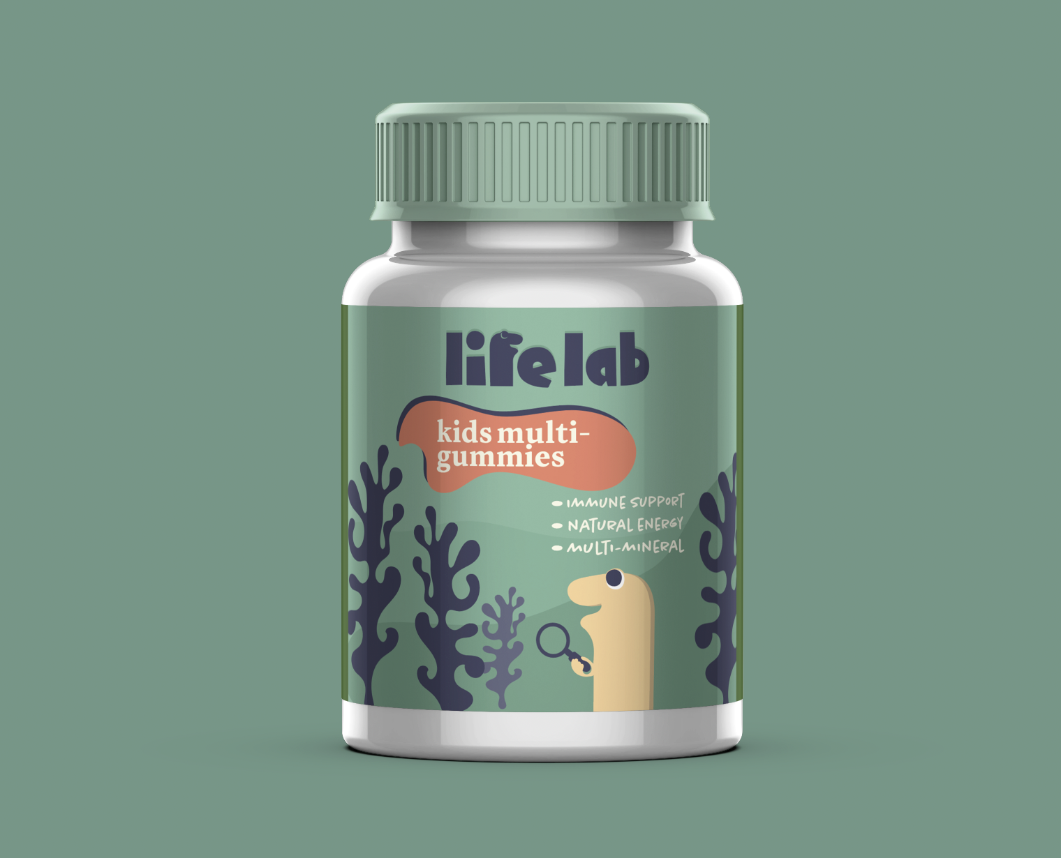 Bottle of Lifelab kids multi-gummies with a light green cap and a label featuring cartoon coral and a yellow dinosaur holding a magnifying glass. The label highlights benefits like immune support, natural energy, and multi-mineral.
