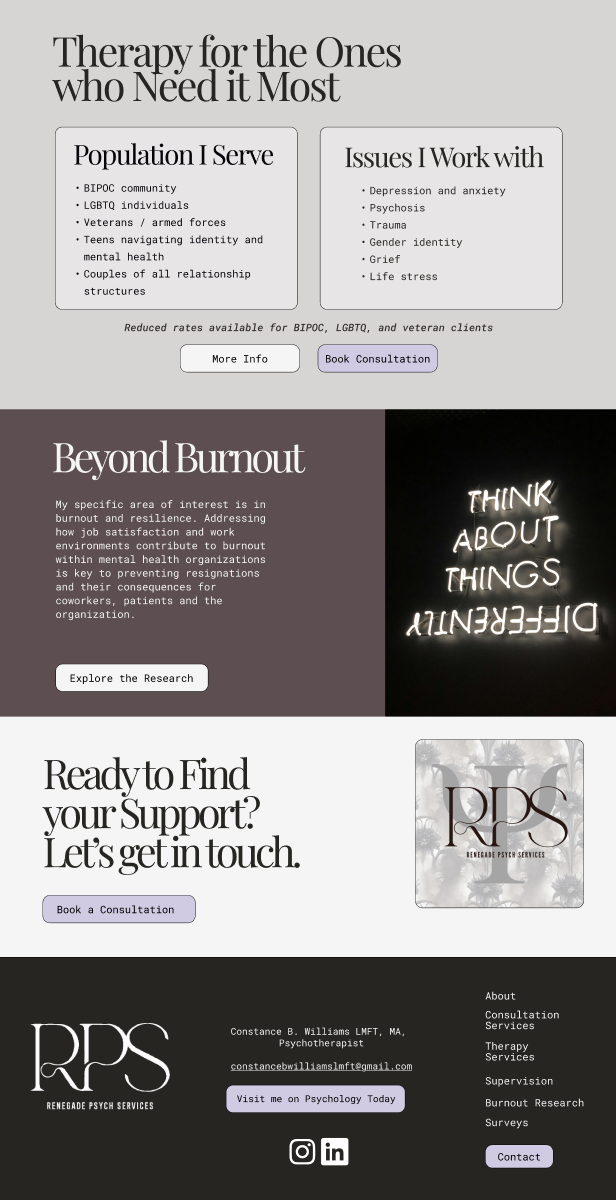 A multi-section website homepage for Renegade Psych Services featuring therapy information, research on burnout, and contact details, with buttons for consultations.