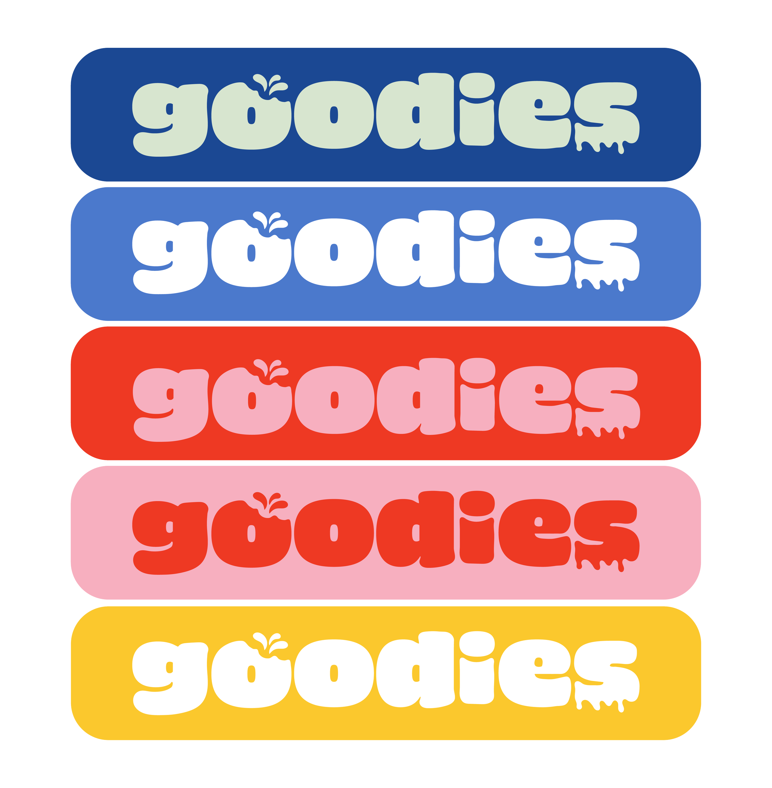 Colorful sign with the word 'goods' in white lowercase letters on a yellow background, with a splash graphic above the text.