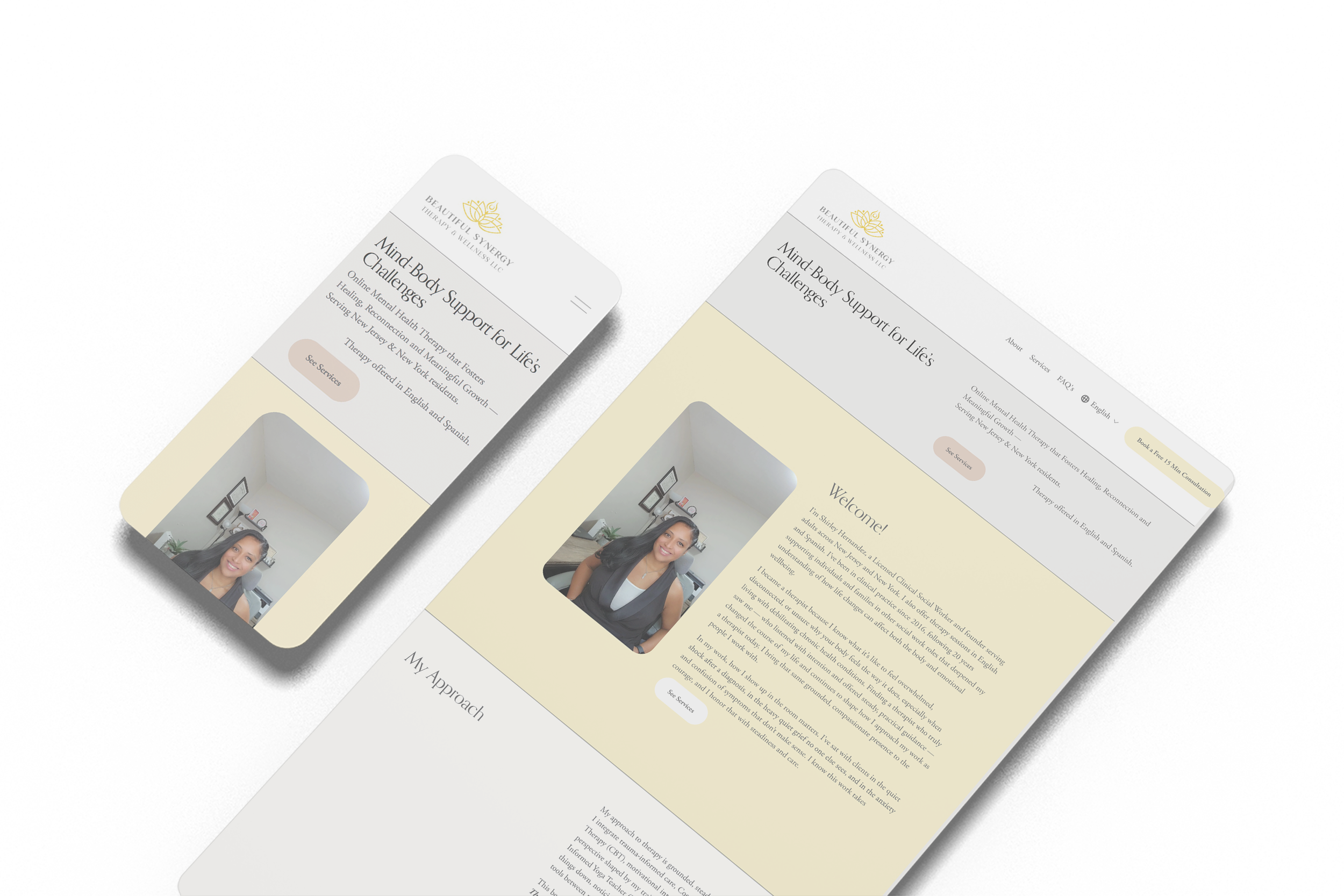 Screenshots of a wellness therapy clinic website featuring a woman smiling, with text about mind-body support for life and services offered.