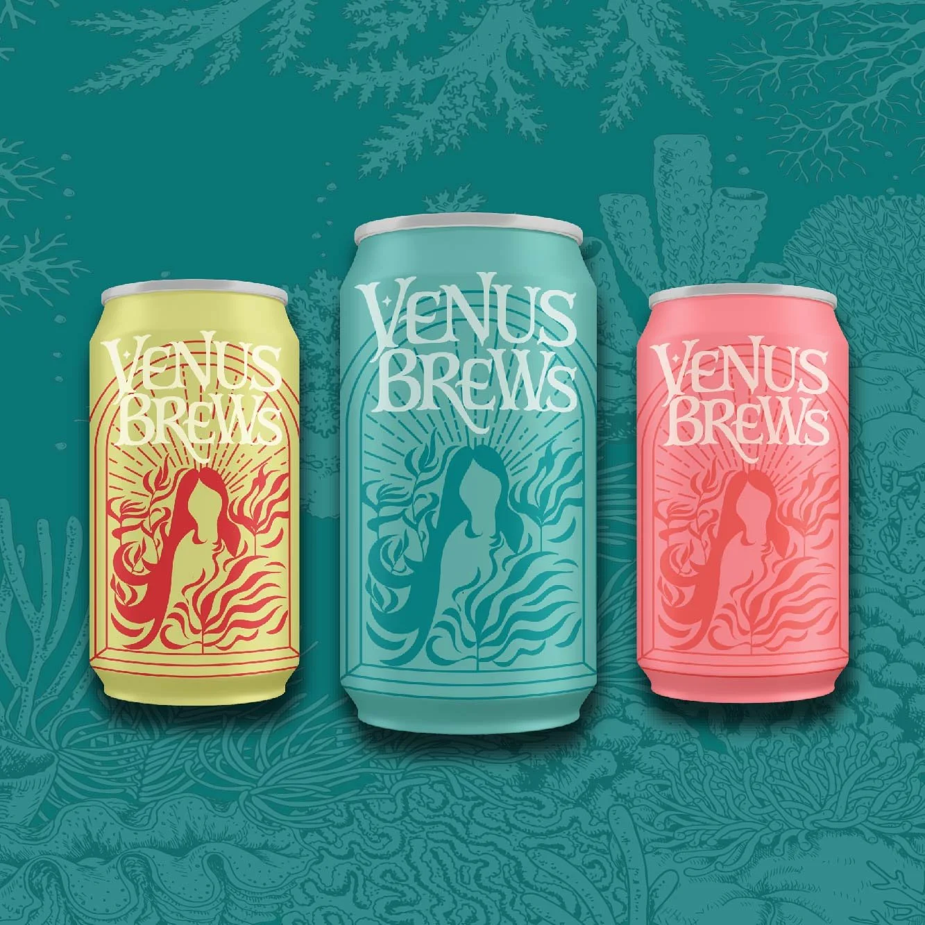 Three cans labeled 'Venus Brews' with stylized mermaid woman illustrations on a sea-themed background.
