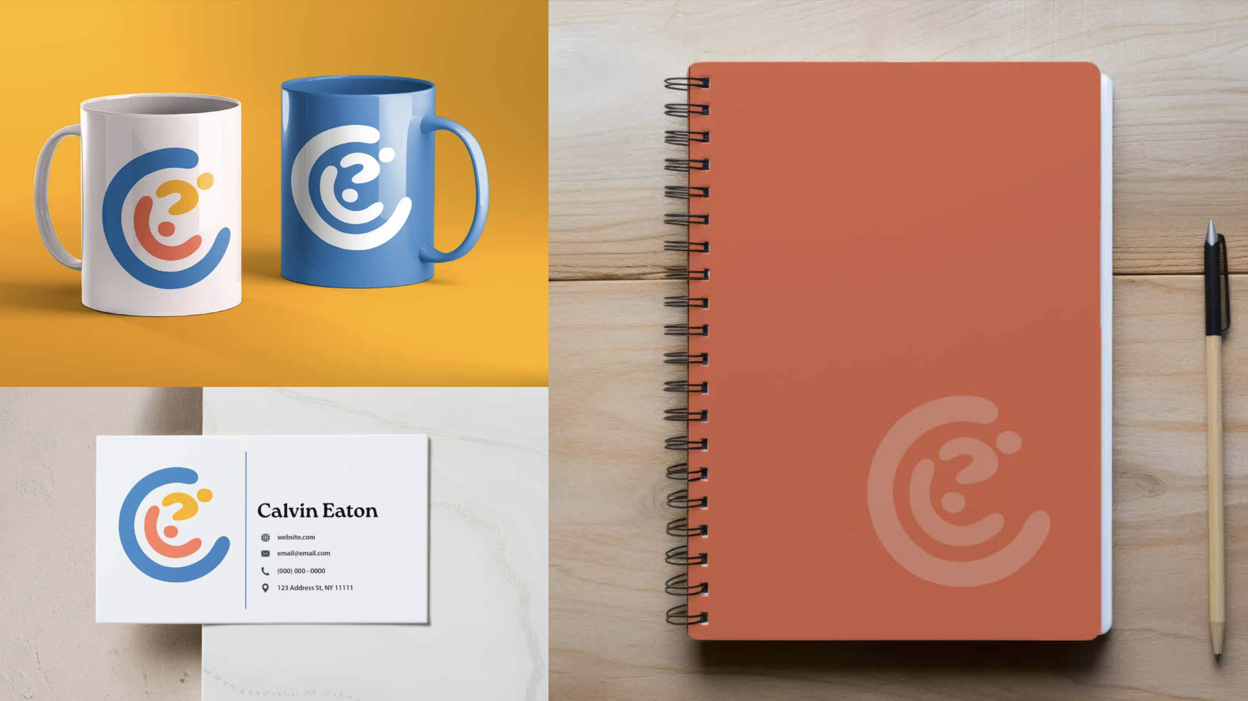 Two coffee mugs with a logo, a spiral notebook with an orange cover, a black pen, and a business card with the logo and contact information.