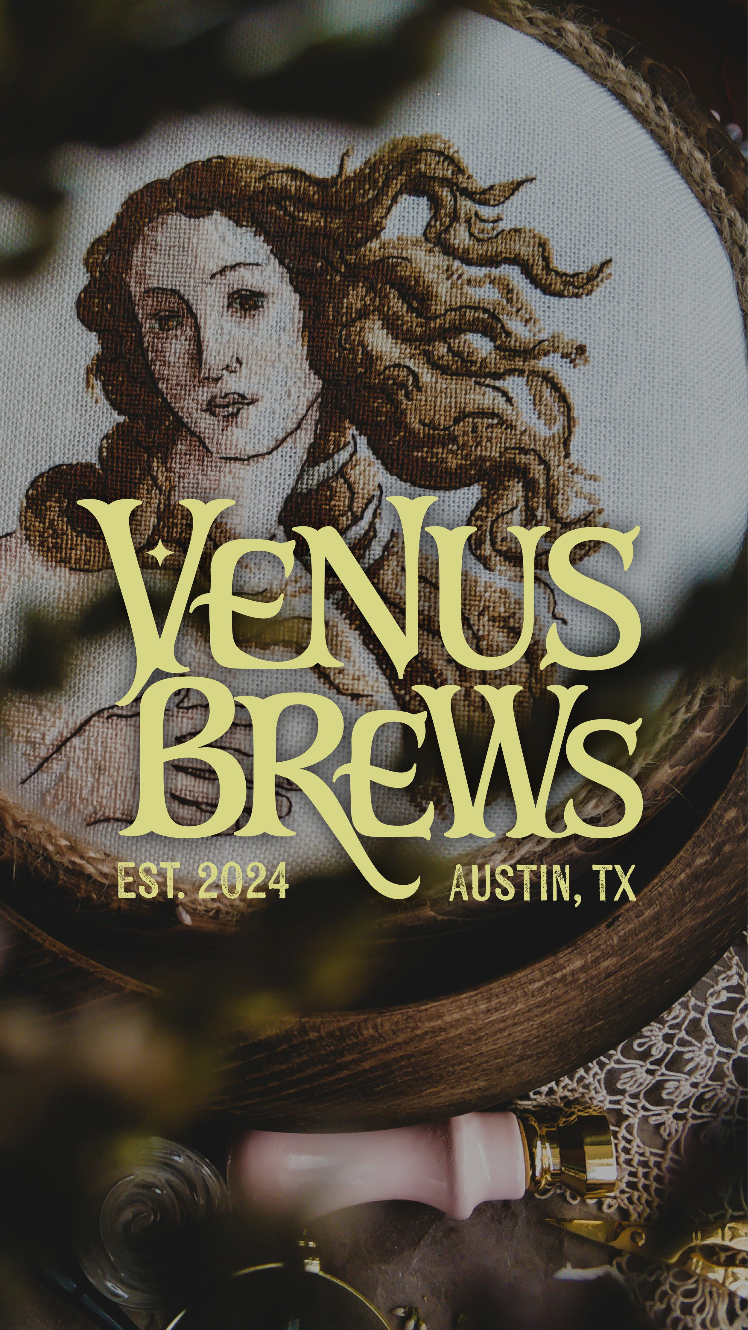Bottle of Venus Brews, an Austin, Texas craft beer, with a label featuring a woman with flowing hair, and the text 'Venus Brews, Est. 2024, Austin, TX.'