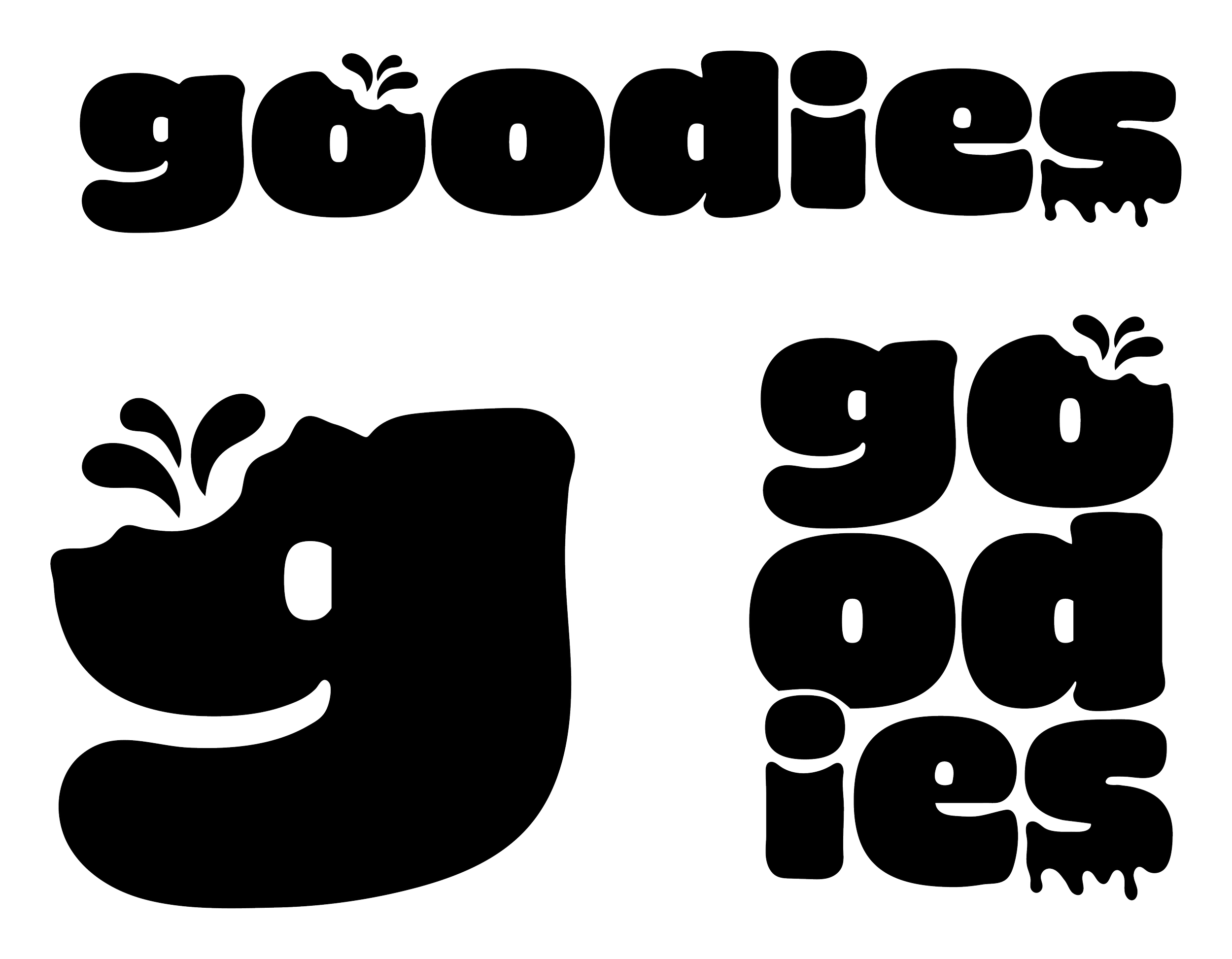 Black outline of the words 'goodies galore' in playful, bubbly font with small decorative splashes around some letters.