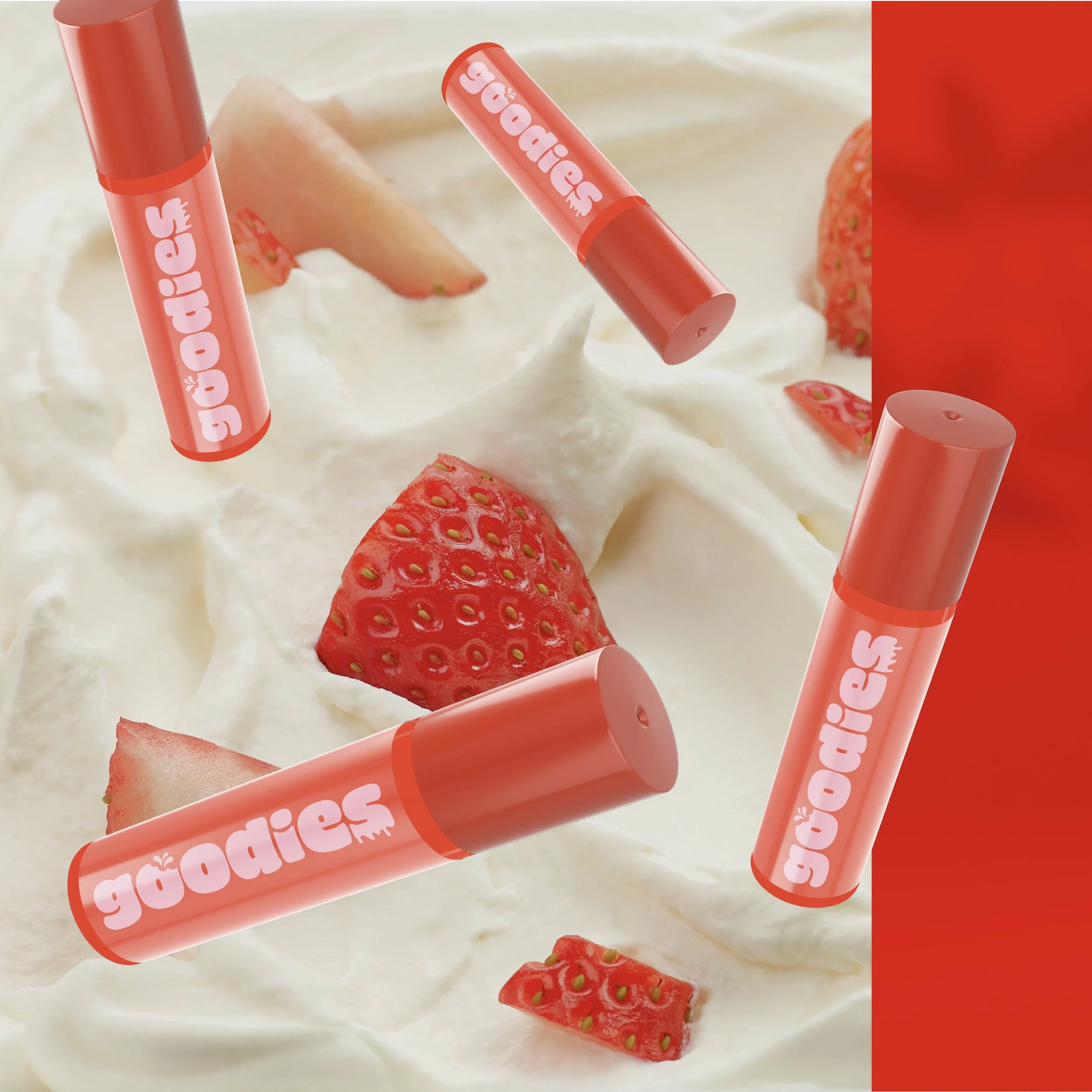 Multiple pink lip gloss tubes with the phrase "glossie" on them are floating above a bed of whipped cream and sliced strawberries.