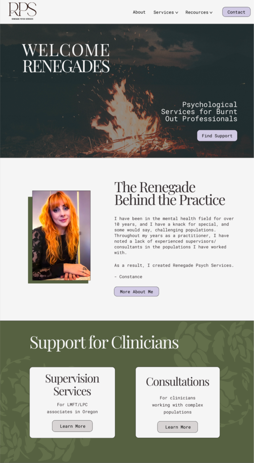 A screenshot of a mental health services website featuring a dark-themed hero image of a bonfire with orange flames, large welcome text, and navigation links. The site includes a section with a photo of a woman with bright orange hair and a personal bio, followed by a section offering support services for clinicians, with options for supervision and consultation.