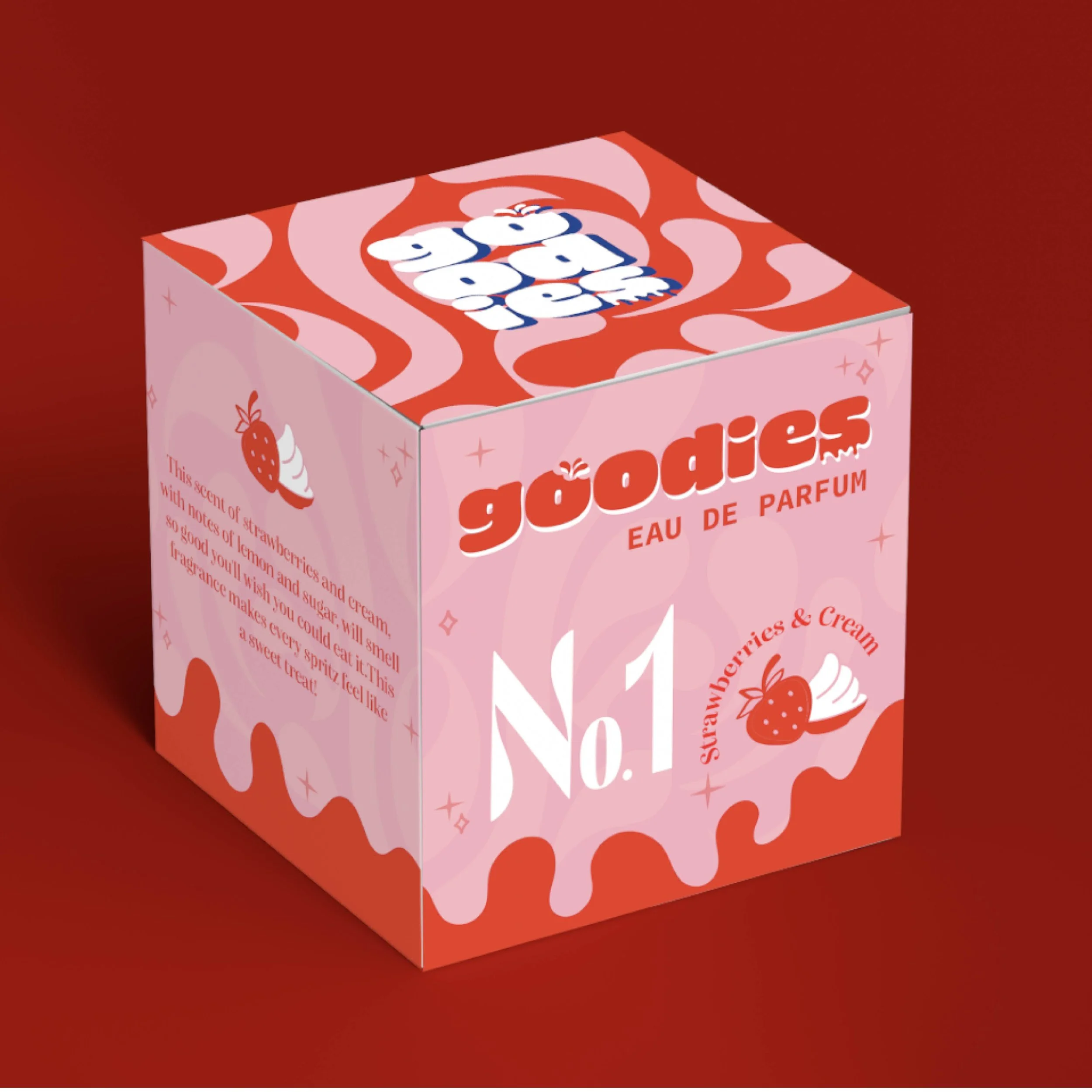 Well-designed pink box with red and white swirling patterns, text indicating fragrance type, and a strawberry illustration with cream, on a red background.