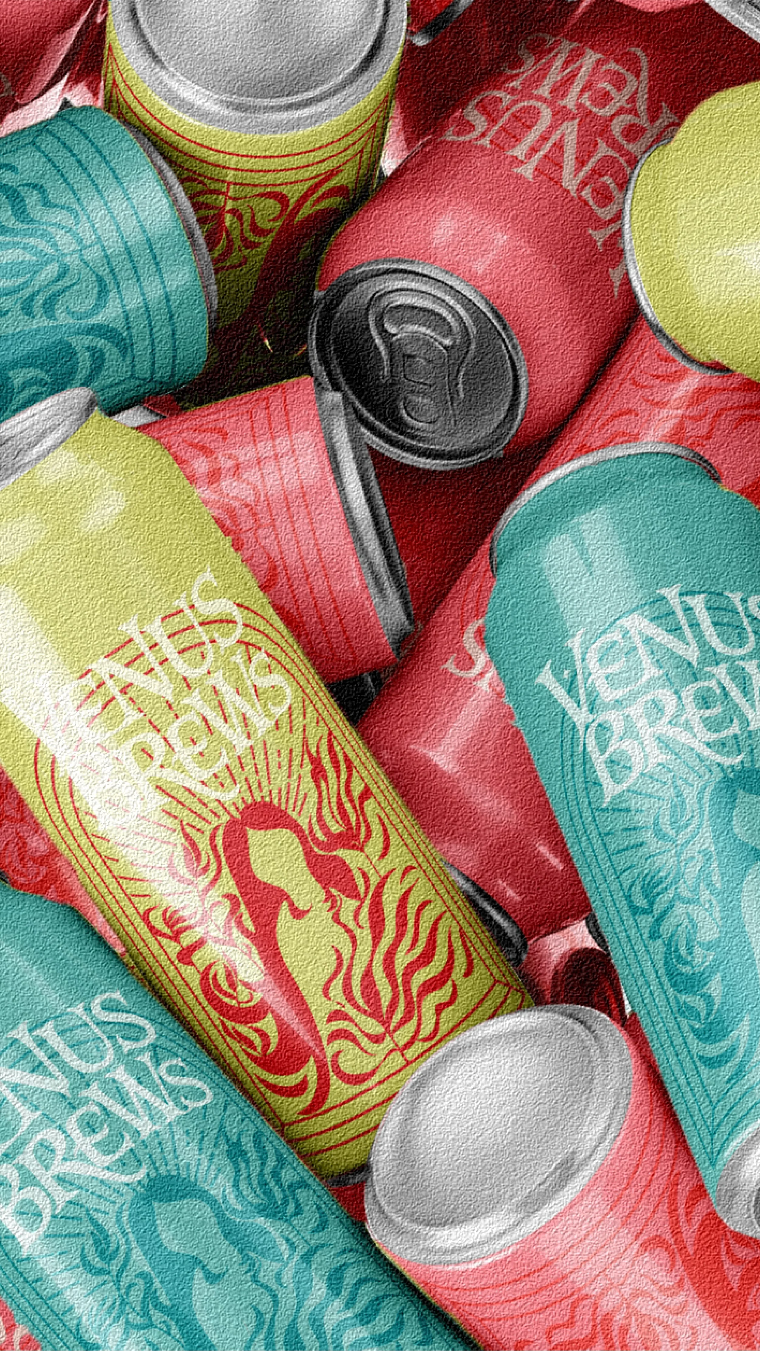 Close-up of colorful soda cans in red, yellow, and teal with intricate patterns and logos.