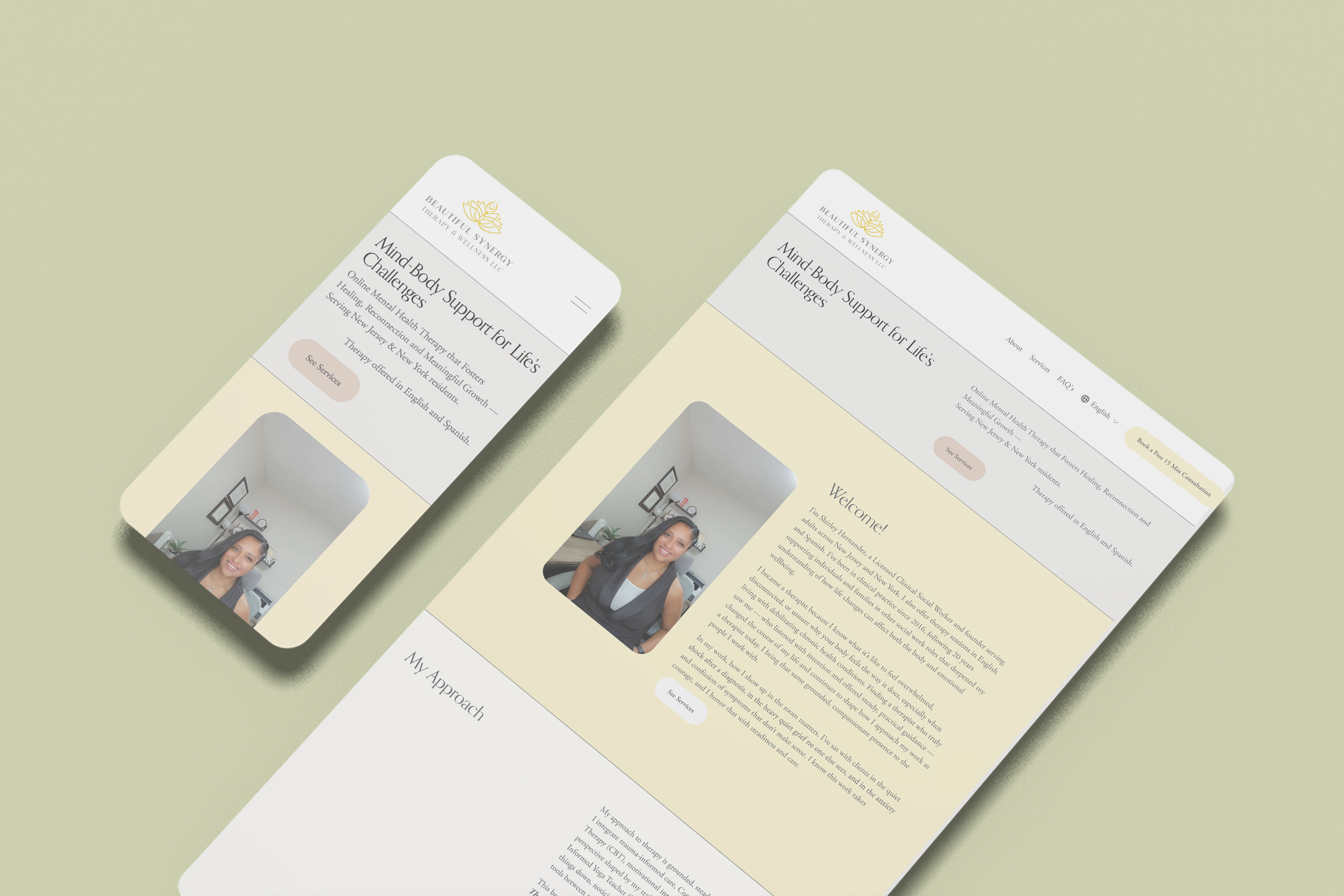 Three mobile website mockups for a therapy and wellness service named Beautiful Synergy, featuring the slogan 'Mind-Body Support for Life's Challenges,' with a photo of a woman and menu options like 'About,' 'Services,' and 'FAQs,' set against a light green background.