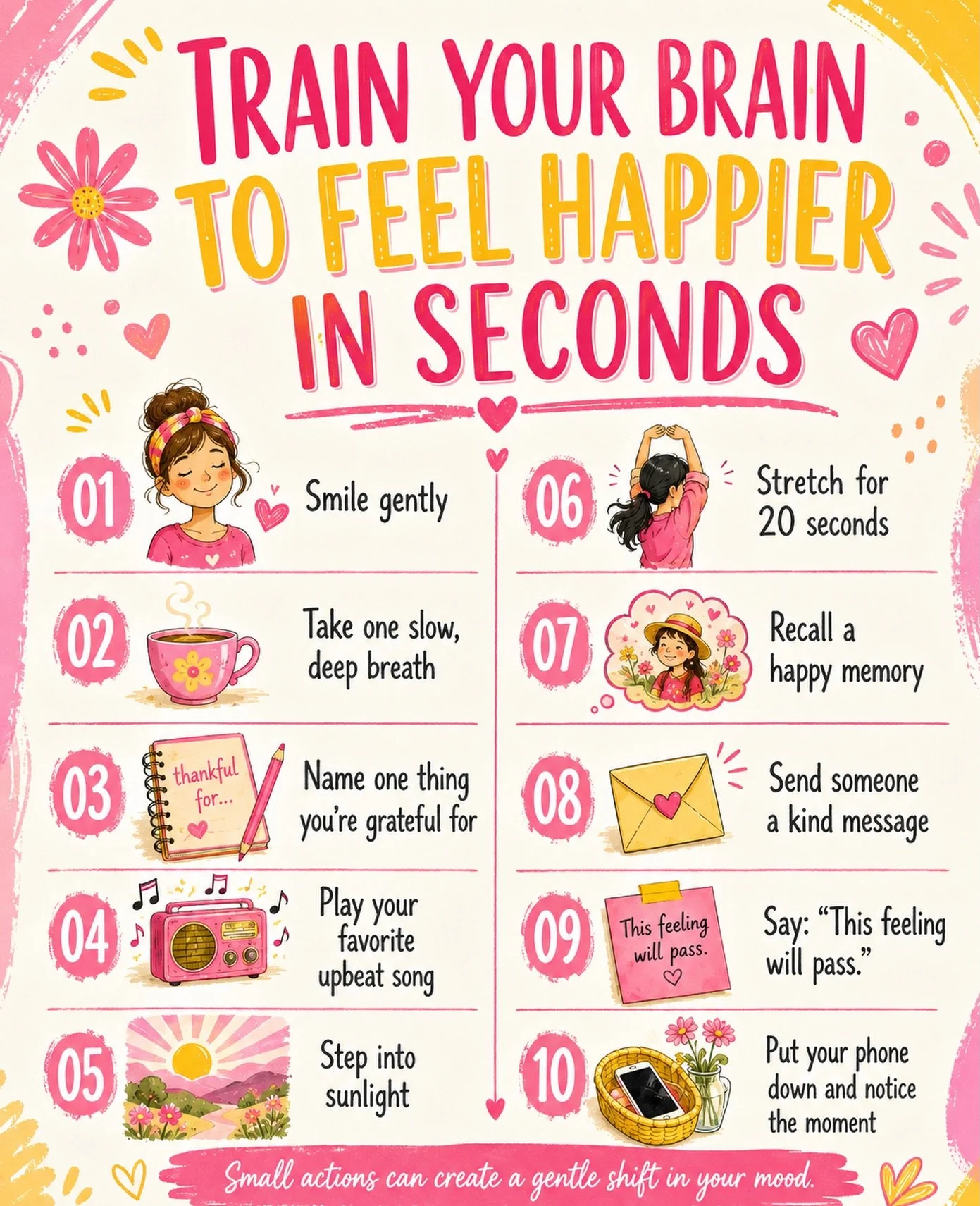 Happiness doesn&rsquo;t always need a big life change. Sometimes, it needs an intentional reset. 💗

Your brain responds to what you repeatedly give your attention to.

A deep breath.
A favorite song.
A few seconds in the sunshine.
A memory that make