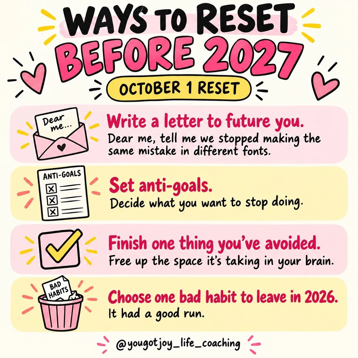 October 1 feels like a fresh page. 💗✨

You do not need to wait until January to reset your habits, your space, or your energy.

There are three months left in 2026. Pick one small change and begin there.

Write the letter.
Close the tab.
Put down th