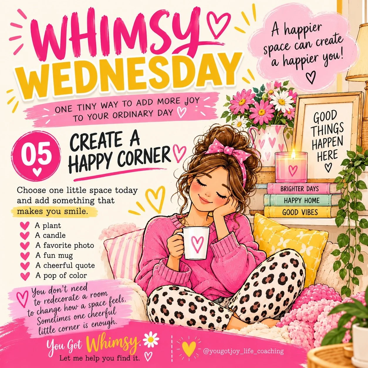 Whimsy Wednesday #5:

Your environment affects you more than you think. 💗

This Whimsy Wednesday, choose one tiny corner of your home and make it feel a little happier.

Add a flower. Move a favorite photo there. Light a candle. Bring in some color.