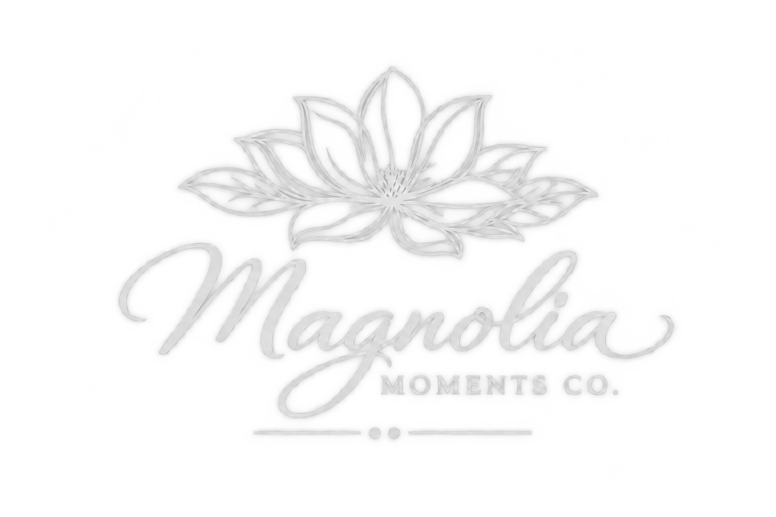 Gray logo with a detailed floral design at the top, the word "Magnolia" in cursive script, and the words "Moments Co." in smaller uppercase letters beneath it.