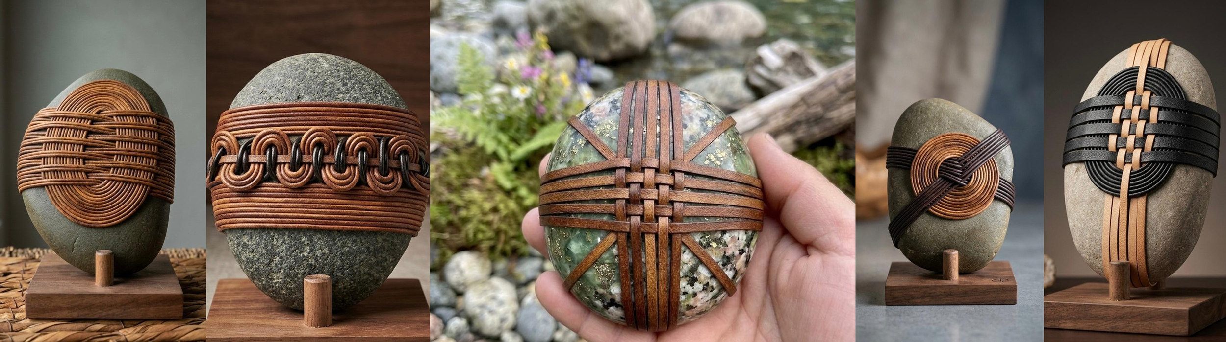 A series of decorative stones with intricate leather and cord wrapping designs. The stones are displayed on wooden stands, with some placed outdoors and one being held by a person's hand.