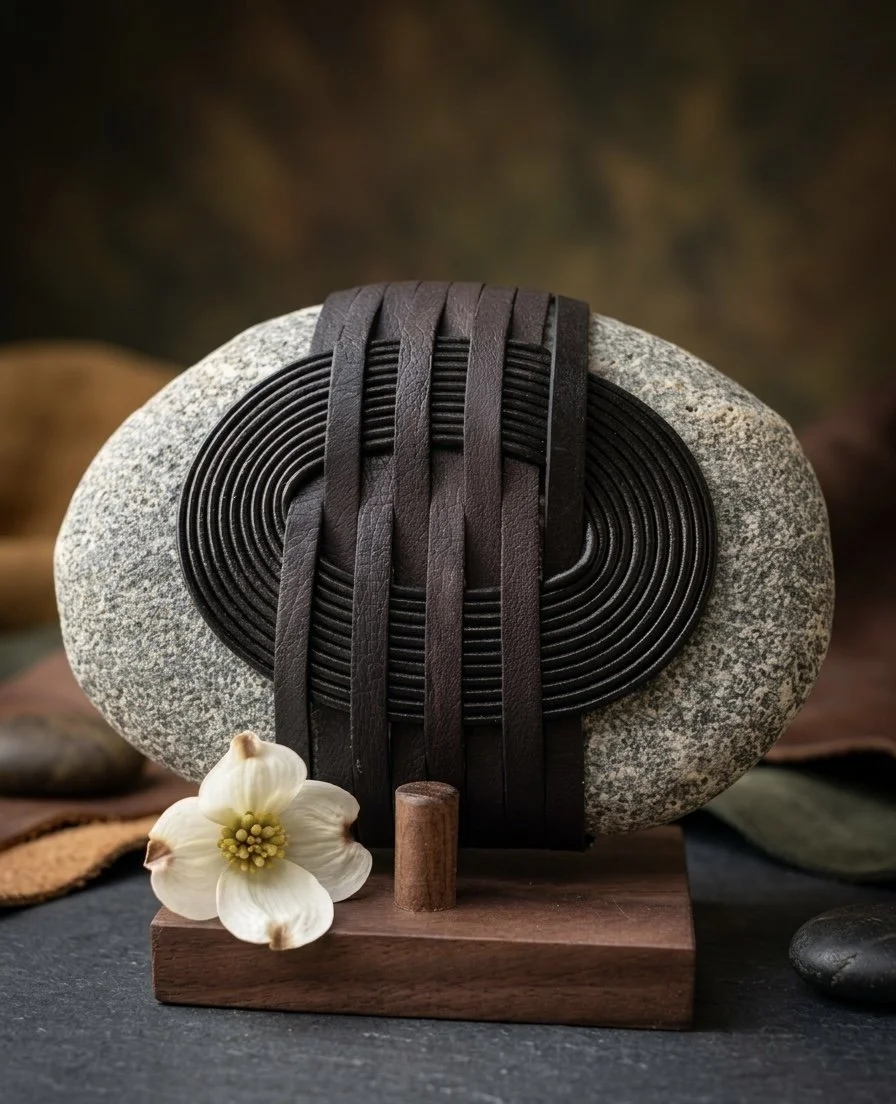 Decorative sculpture of a large gray stone with black leather strips wrapped around it, mounted on a wooden base, alongside a white flower and small stones.