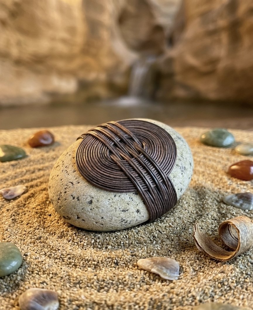 A round rock with a black, coiled wire sculpture on top, situated on sandy ground with seashells and pebbles, with a blurred canyon and waterfall in the background.