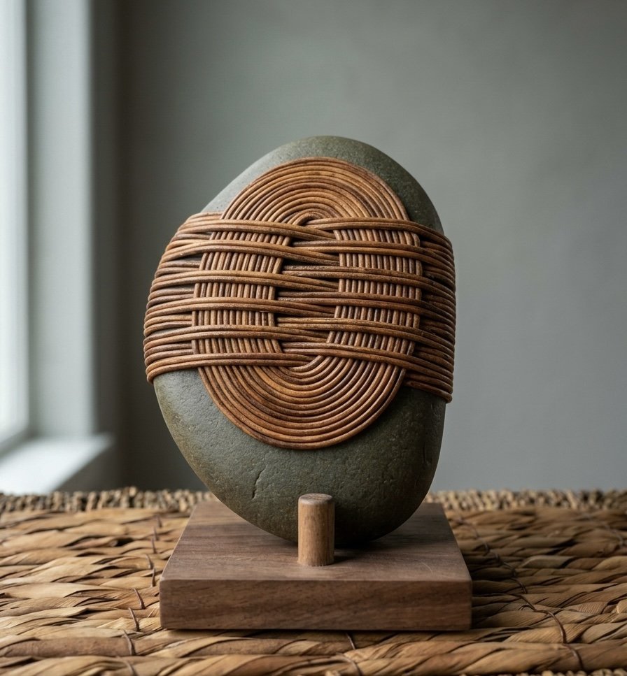Decorative stone sculpture with woven leather or similar material, placed on a wooden base on a woven mat, near a window.